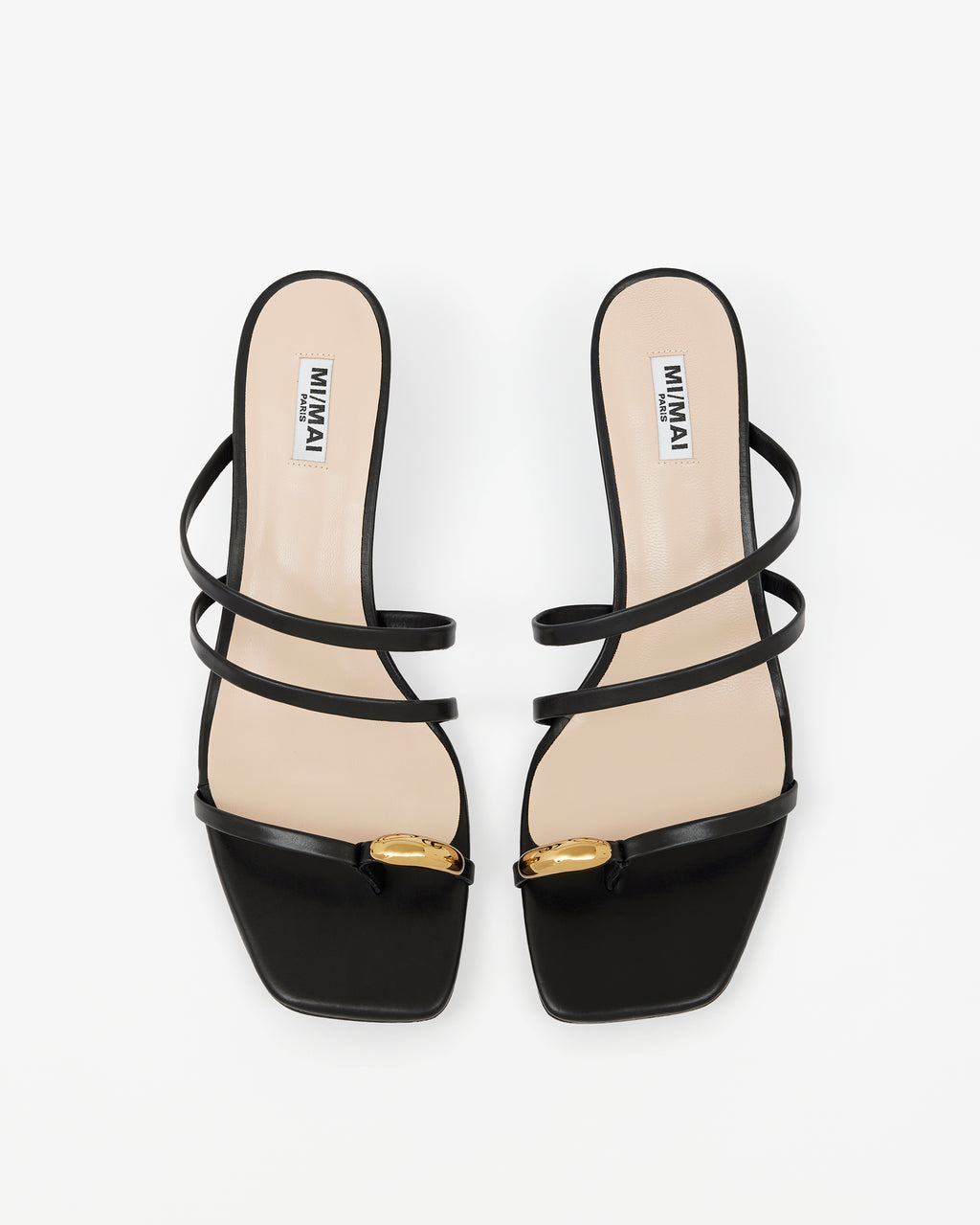 Mule en cuir noir à talon bas à fines brides et bague d'orteil en métal doré Lima Black