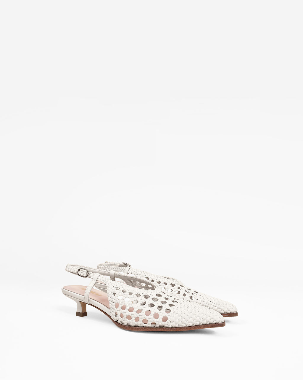 Marina Woven White woven faux leather slingback pump with a small spool heel