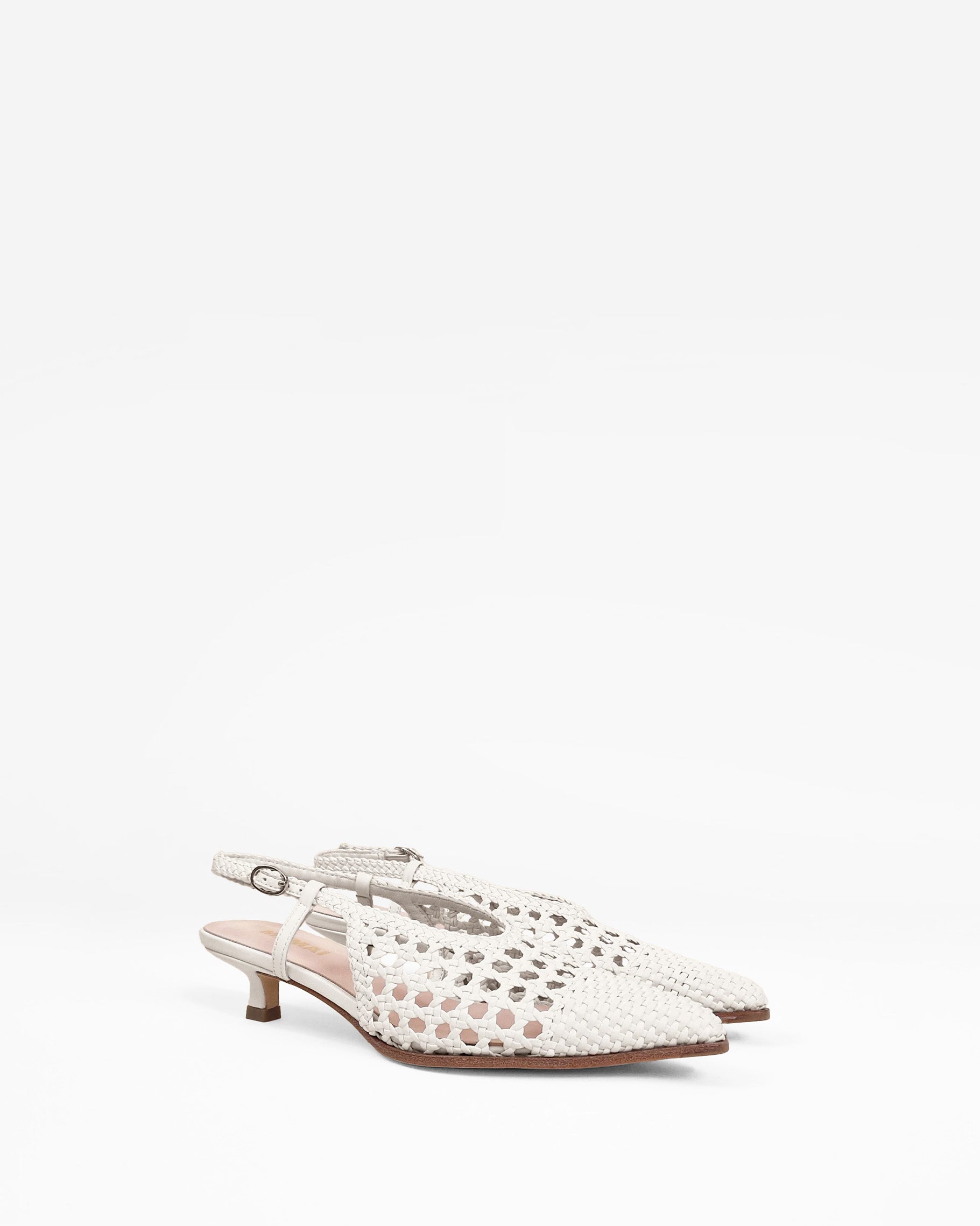 Marina Woven White woven faux leather slingback pump with a small spool heel