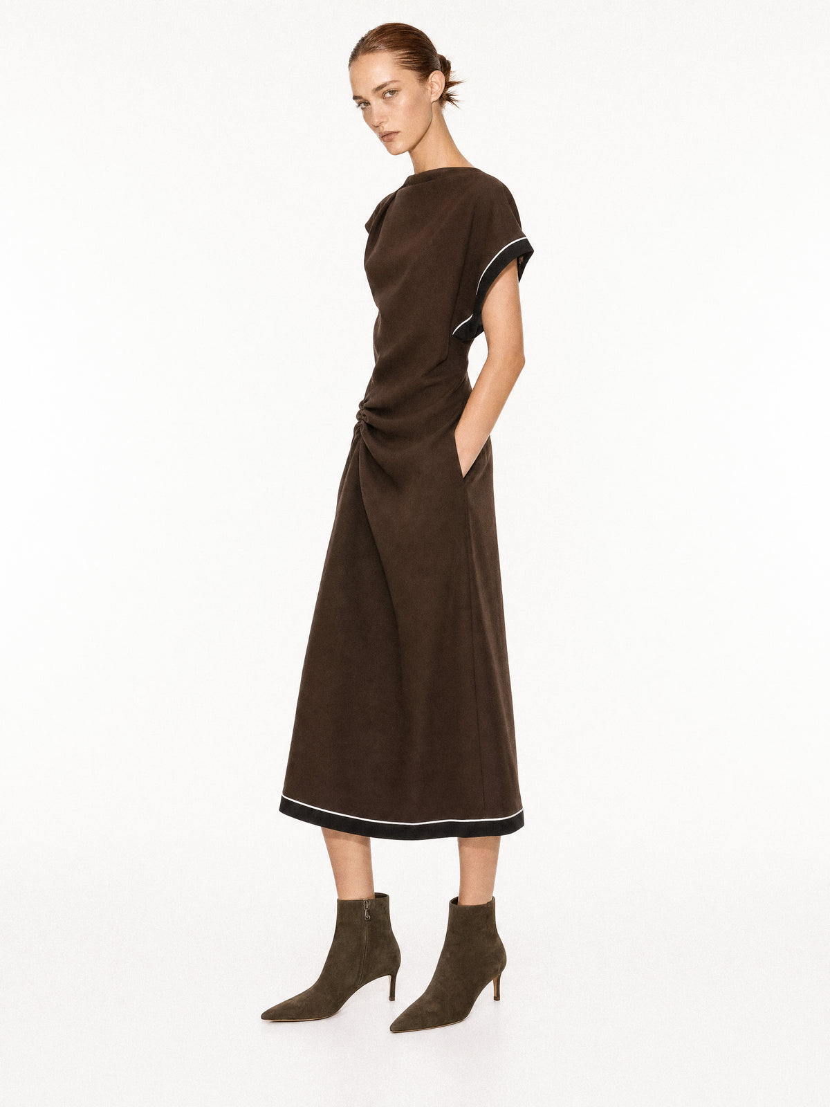 Noura Low Khaki Suede Ankle Boots with Pointed Toe and Heel