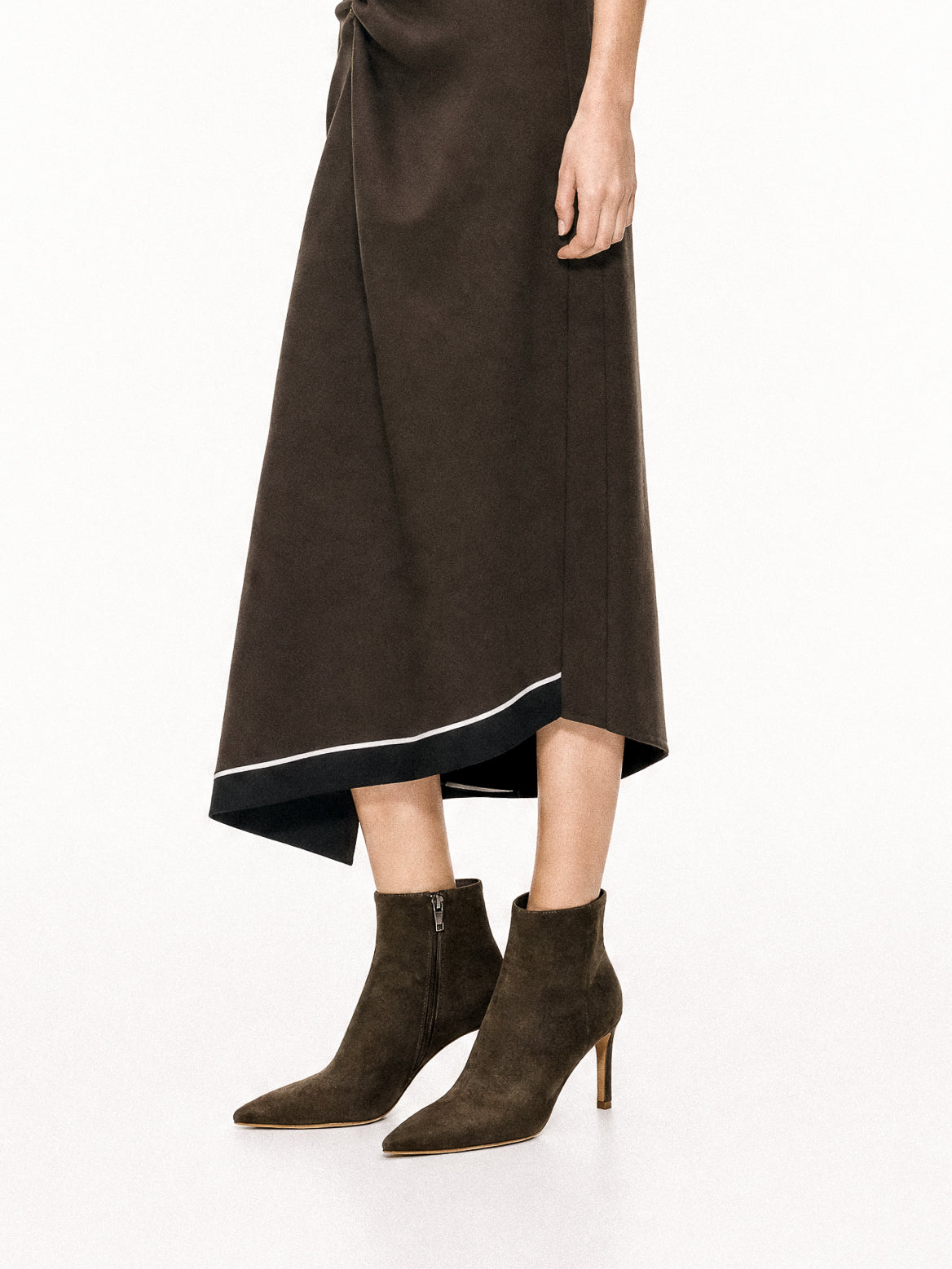 Noura Khaki Suede Ankle Boots with Pointed Toe and Heel