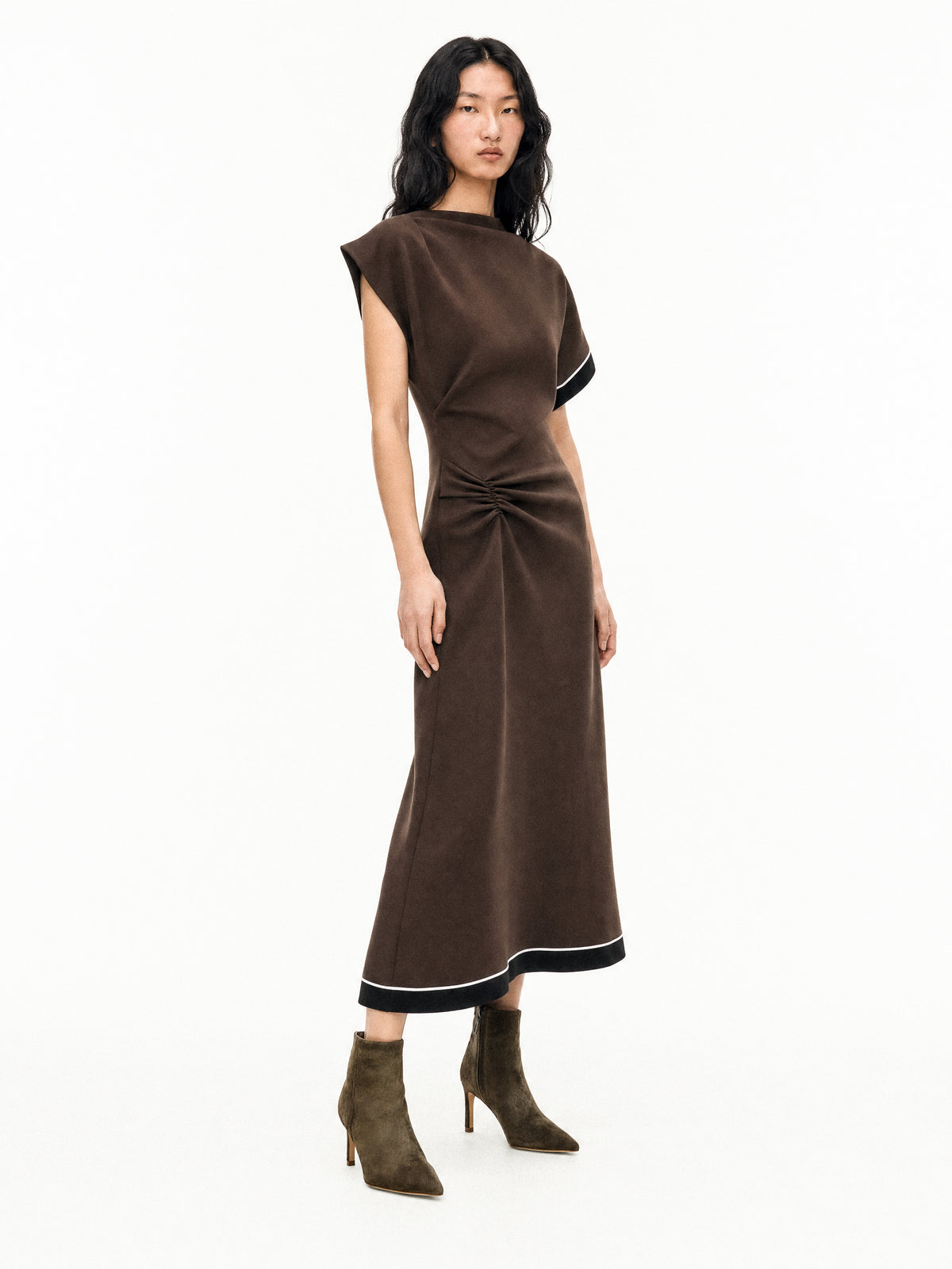 Noura Khaki Suede Ankle Boots with Pointed Toe and Heel