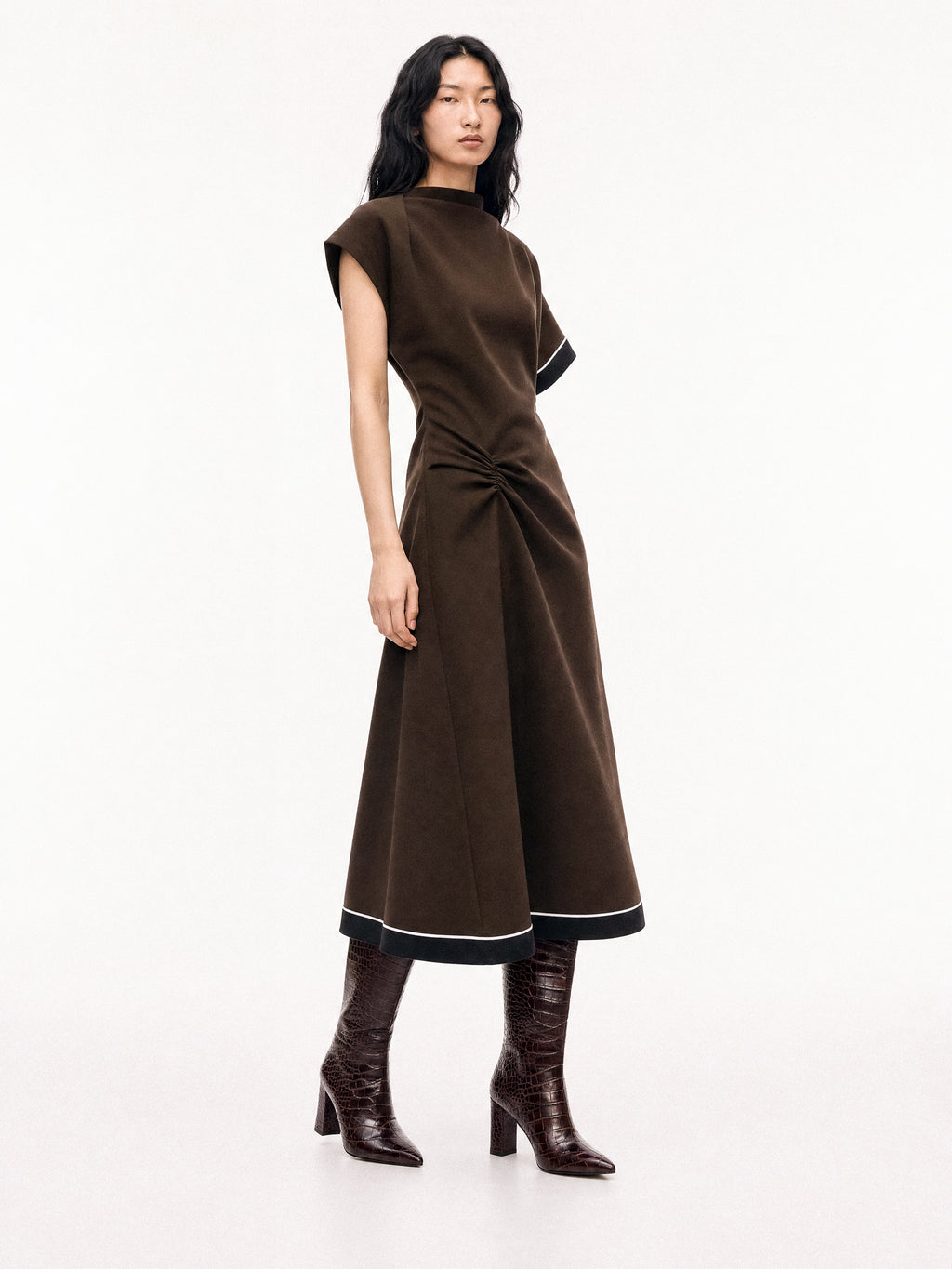 CHOCOLATE CROCODILE FASHION BOOTS WITH HIGH BLOCK HEEL WASSILY CHOCOLATE CROC