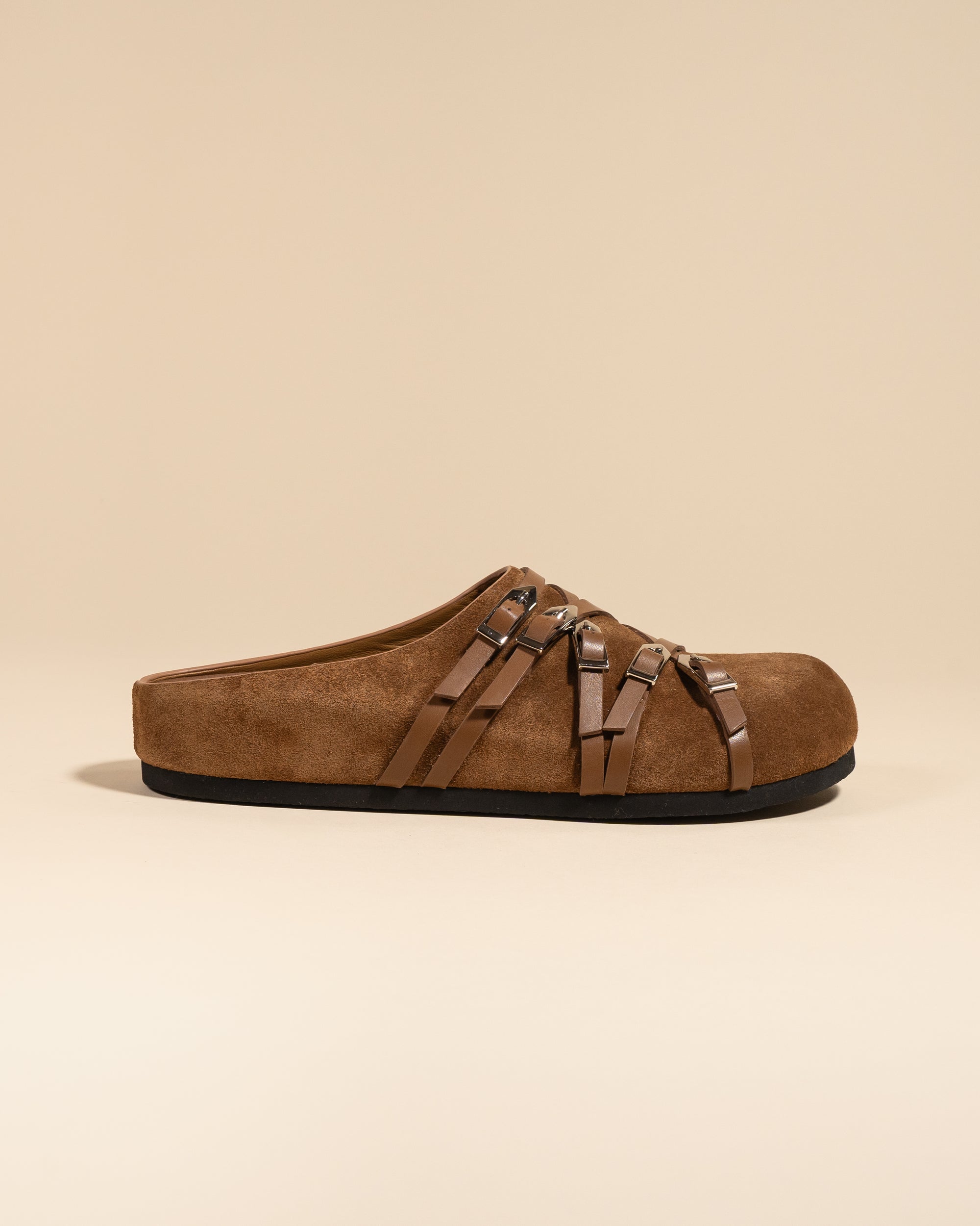 Mules sabots à brides et boucles en daim marron Toledo Brown Suede