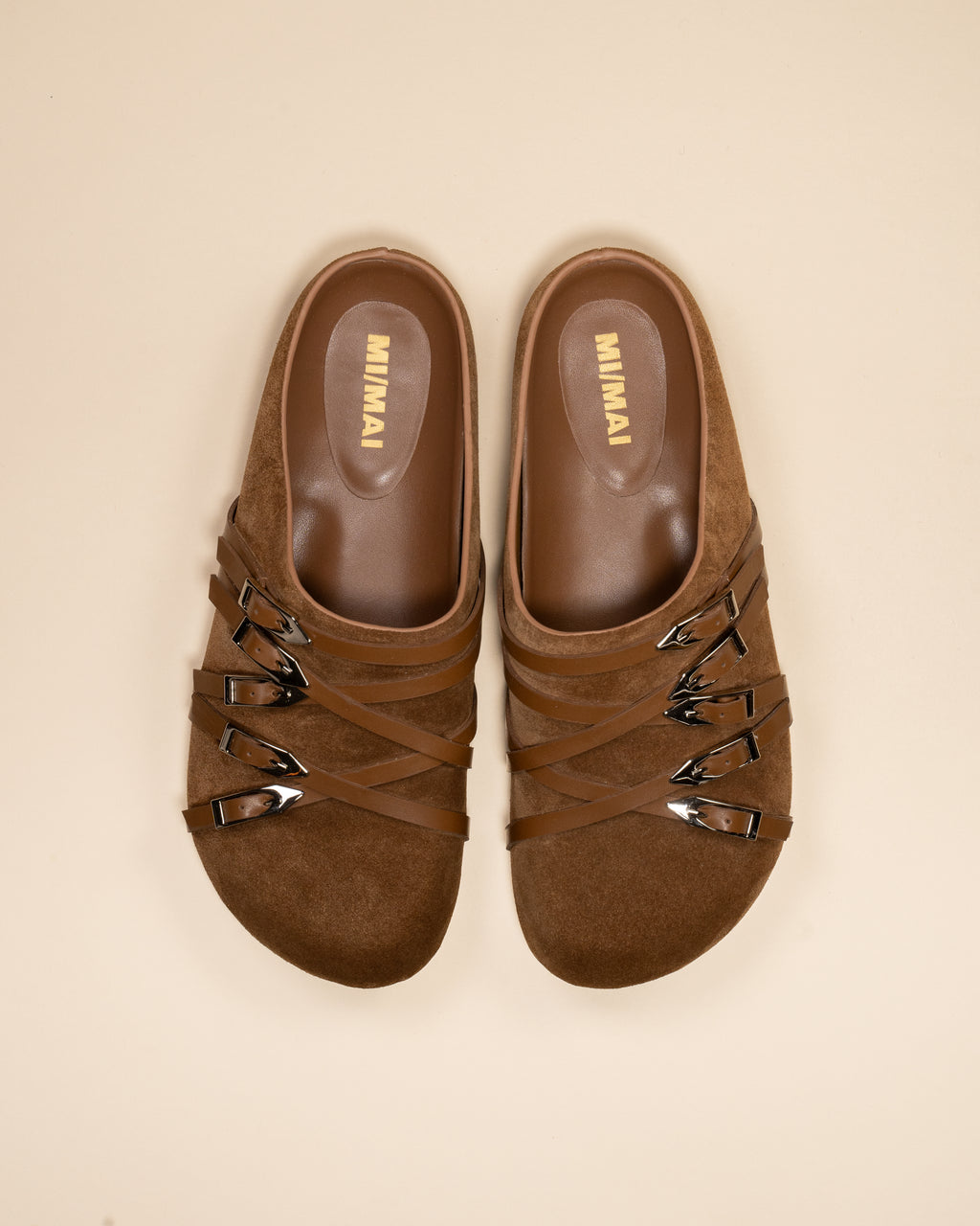 Mules sabots à brides et boucles en daim marron Toledo Brown Suede