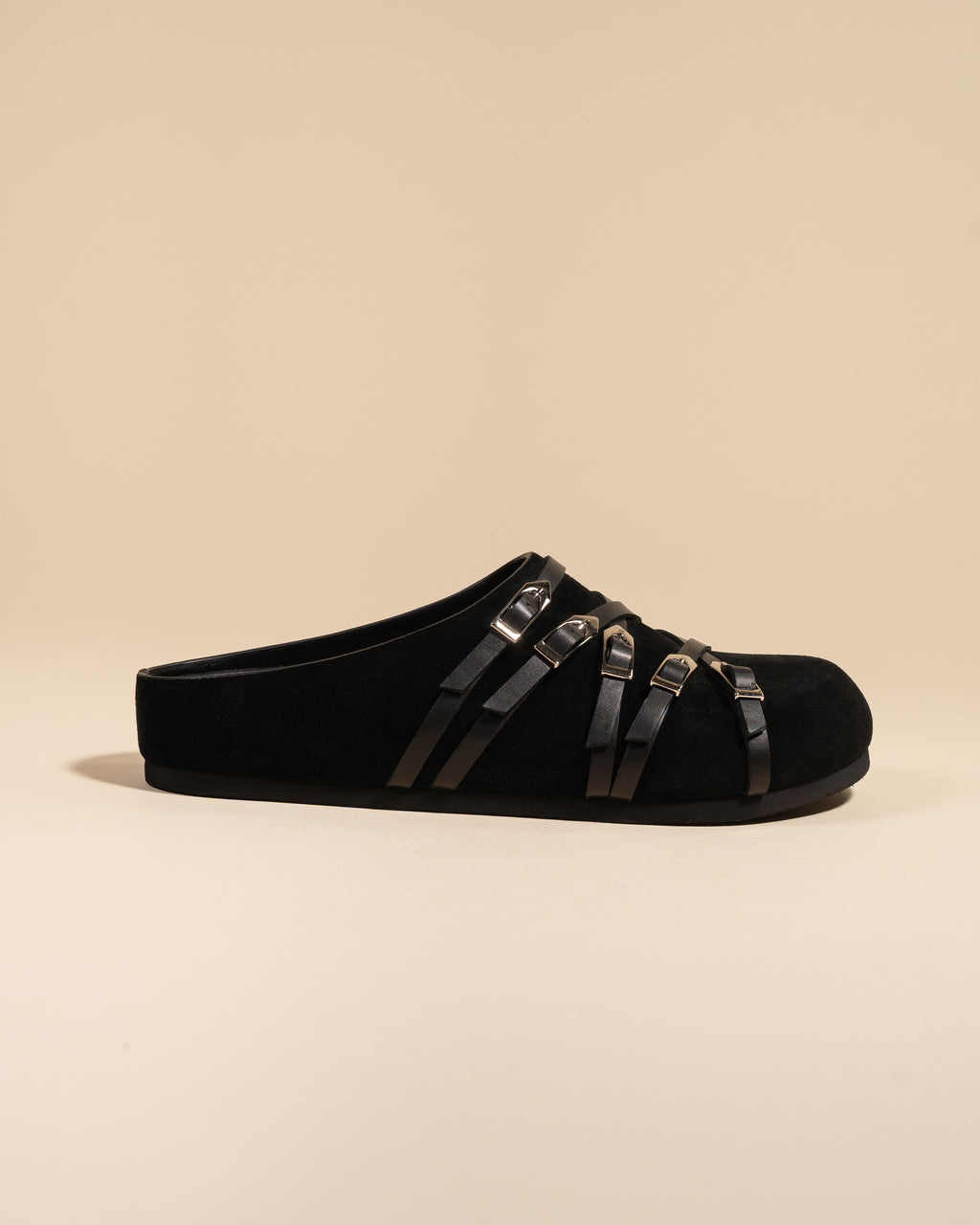 Mules sabots à brides et boucles en daim noir Toledo Black Suede
