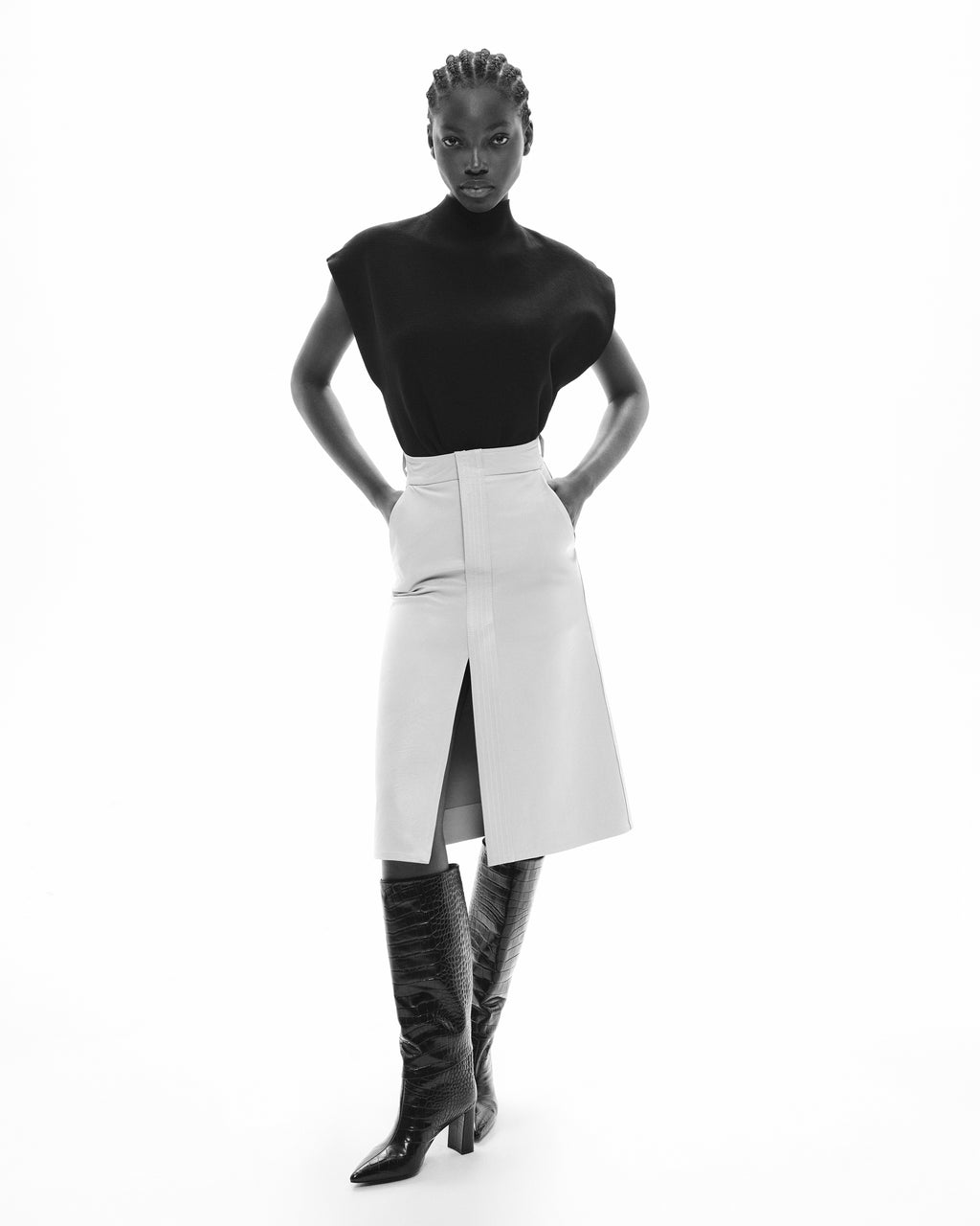 WASSILY BLACK CROCODILE-EVIDED HIGH-HEEL BOOTS