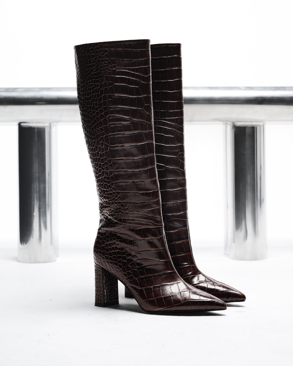 CHOCOLATE CROCODILE FASHION BOOTS WITH HIGH BLOCK HEEL WASSILY CHOCOLATE CROC