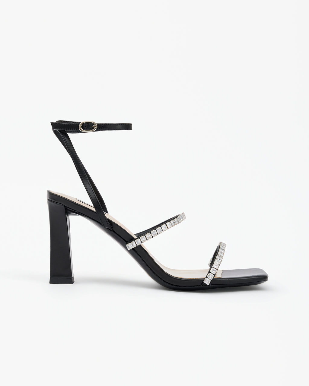 Isamu Chocolate Patent multi-strap mule with high heel and square toe in brown patent leather