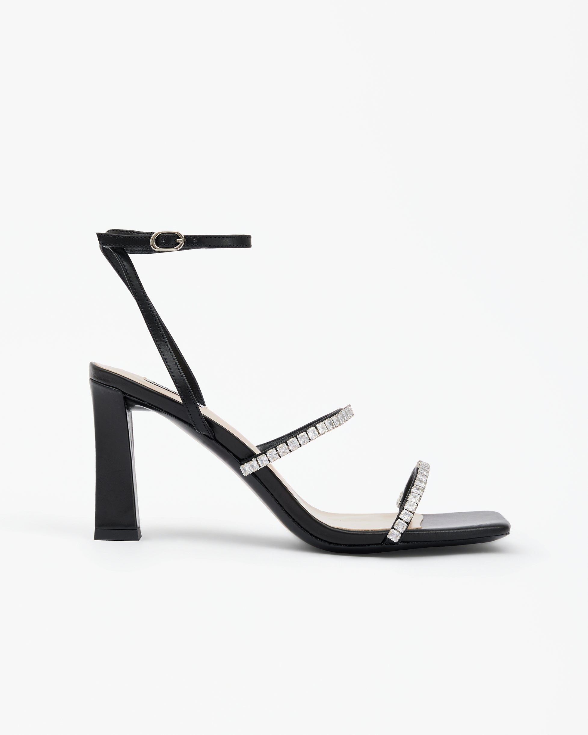 Isamu Chocolate Patent multi-strap mule with high heel and square toe in brown patent leather