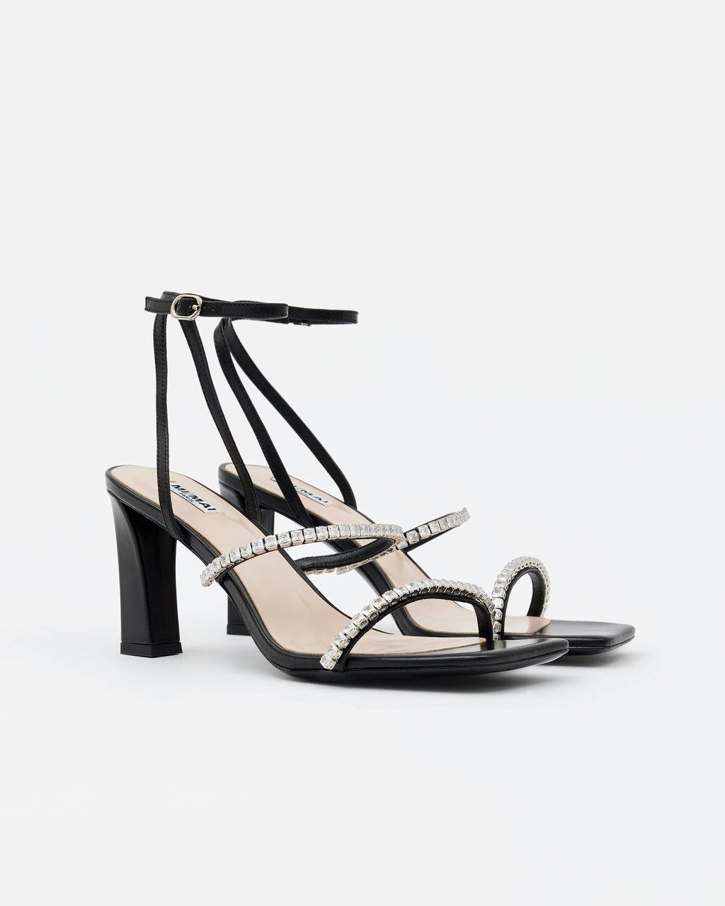 Isamu Chocolate Patent multi-strap mule with high heel and square toe in brown patent leather