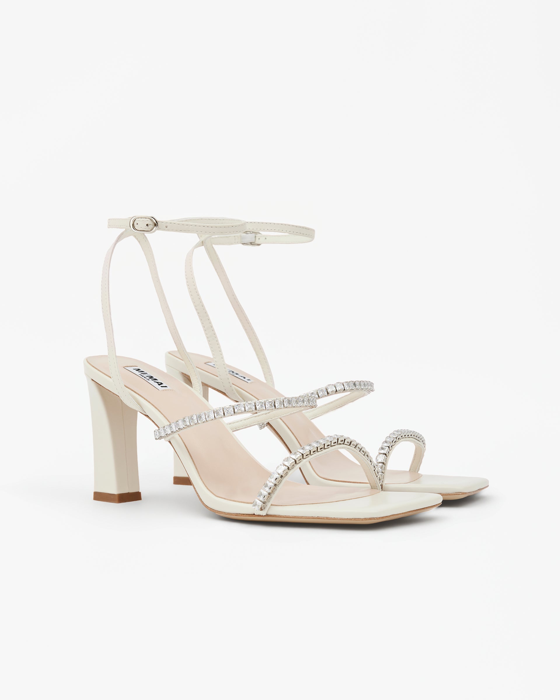 Sandale en cuir blanc cassé à talon haut et brides en strass cristaux Nidal Off-White