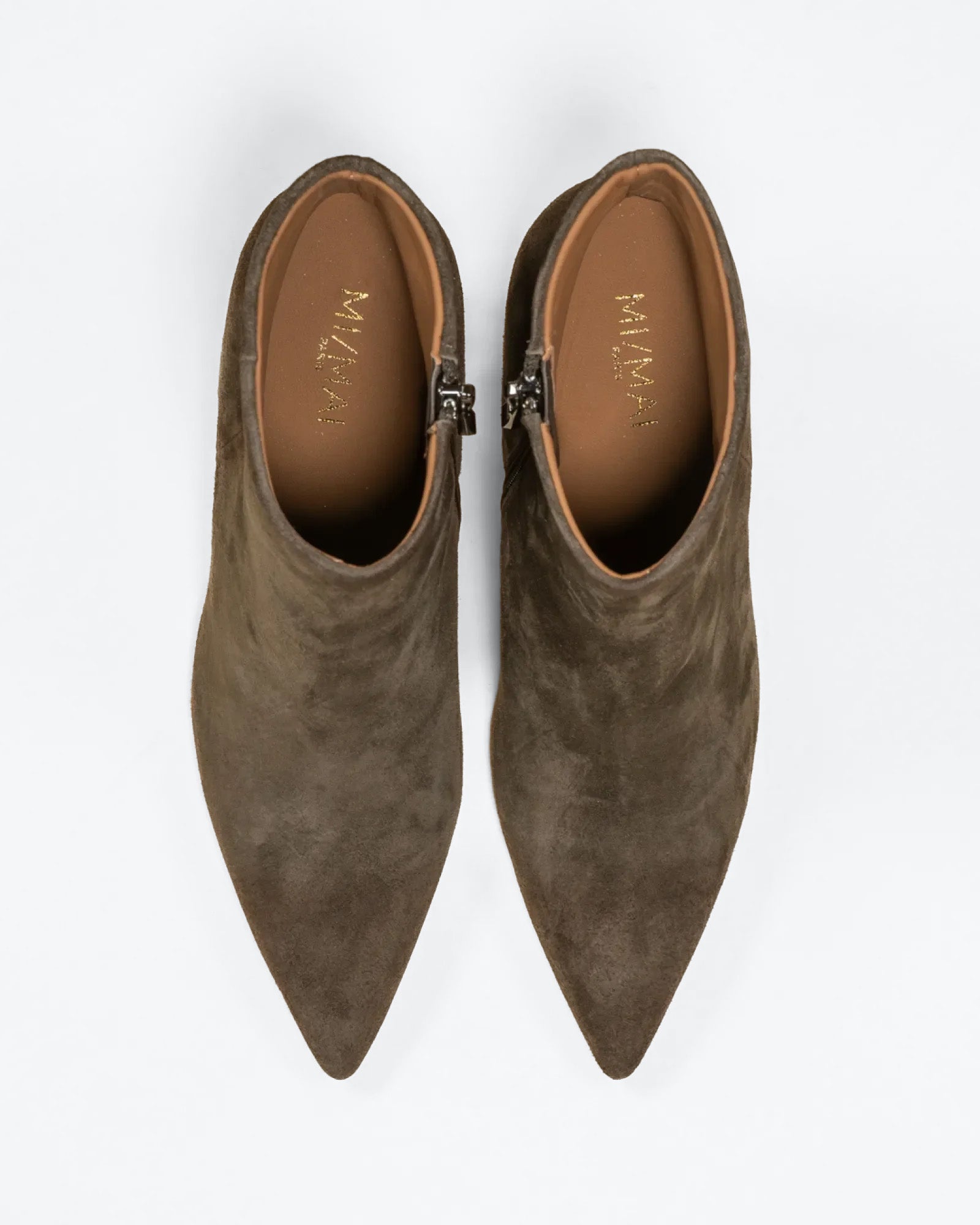 Noura Khaki Suede Ankle Boots with Pointed Toe and Heel