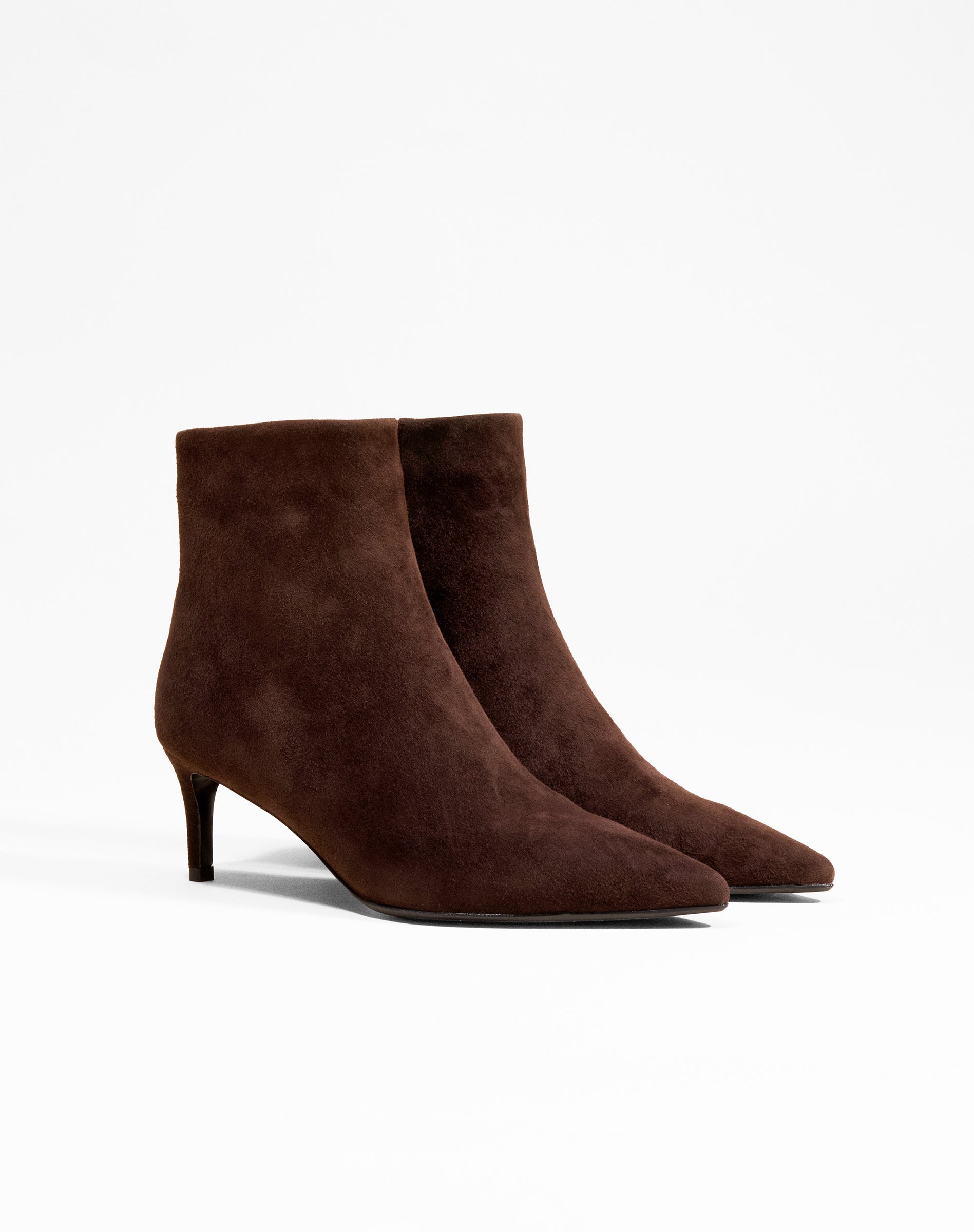 Noura Low Chocolate Suede Ankle Boots with Pointed Toe and Heel
