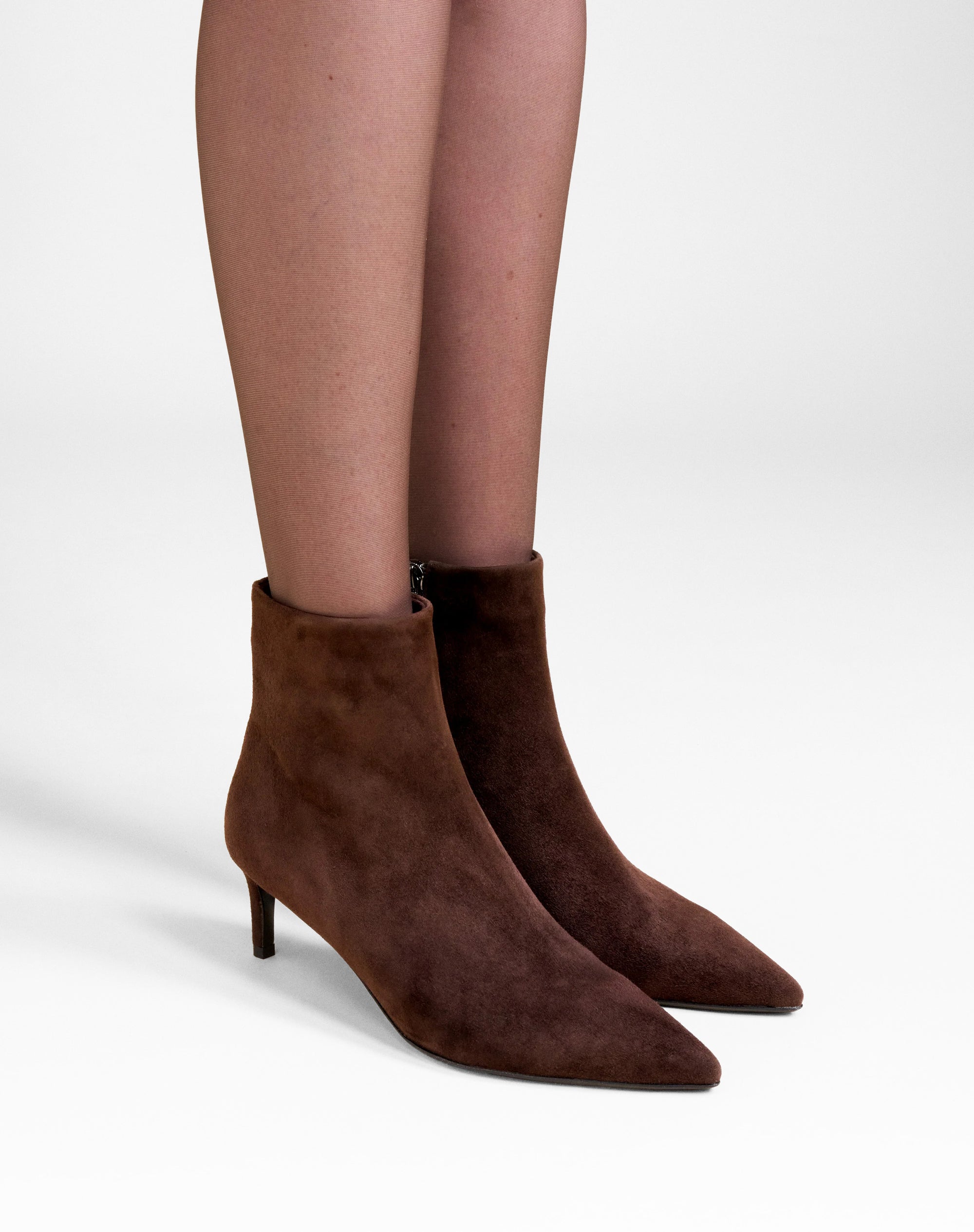 Noura Low Chocolate Suede Ankle Boots with Pointed Toe and Heel