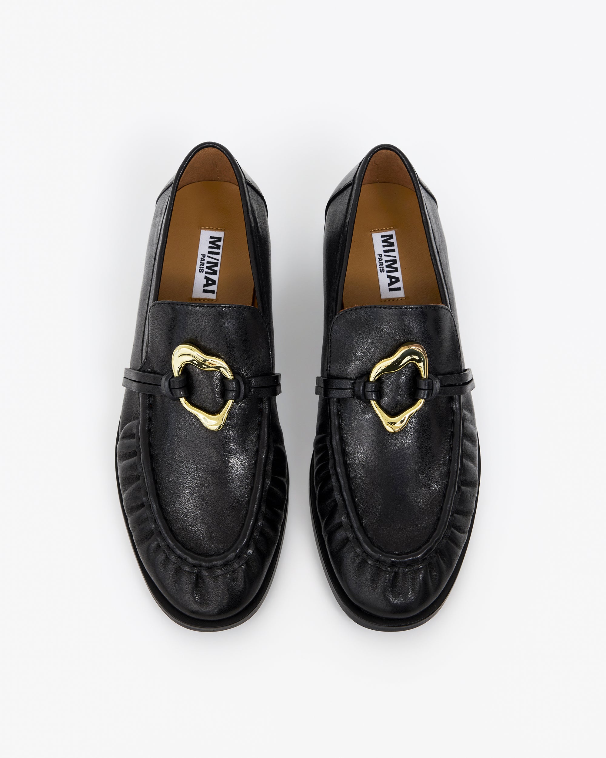 Mocassins plissé en cuir noir à ornement bijou doré Orso Black Melt