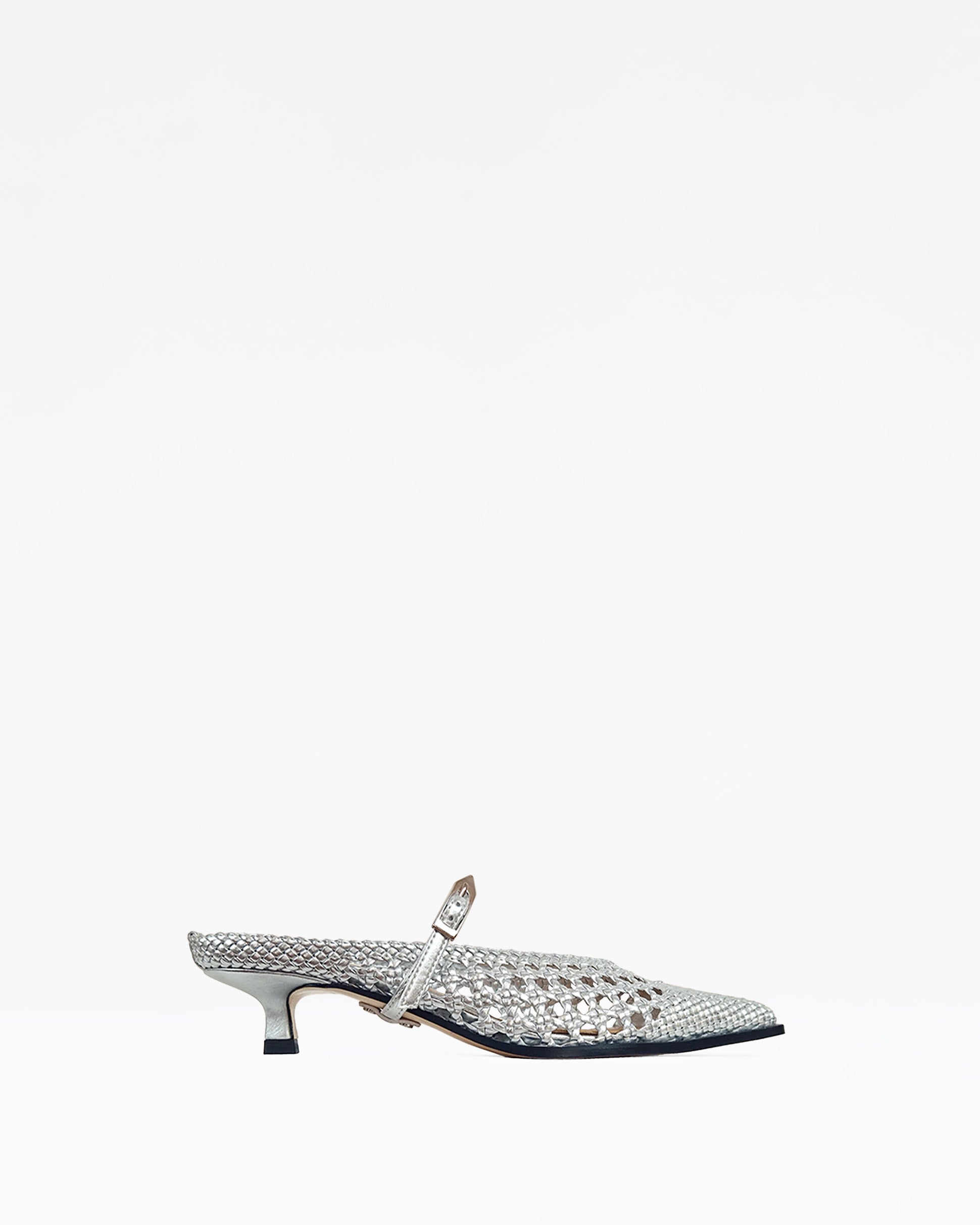 Escarpin à petit talon bobine en similicuir tressé argenté Suzanne Woven Silver