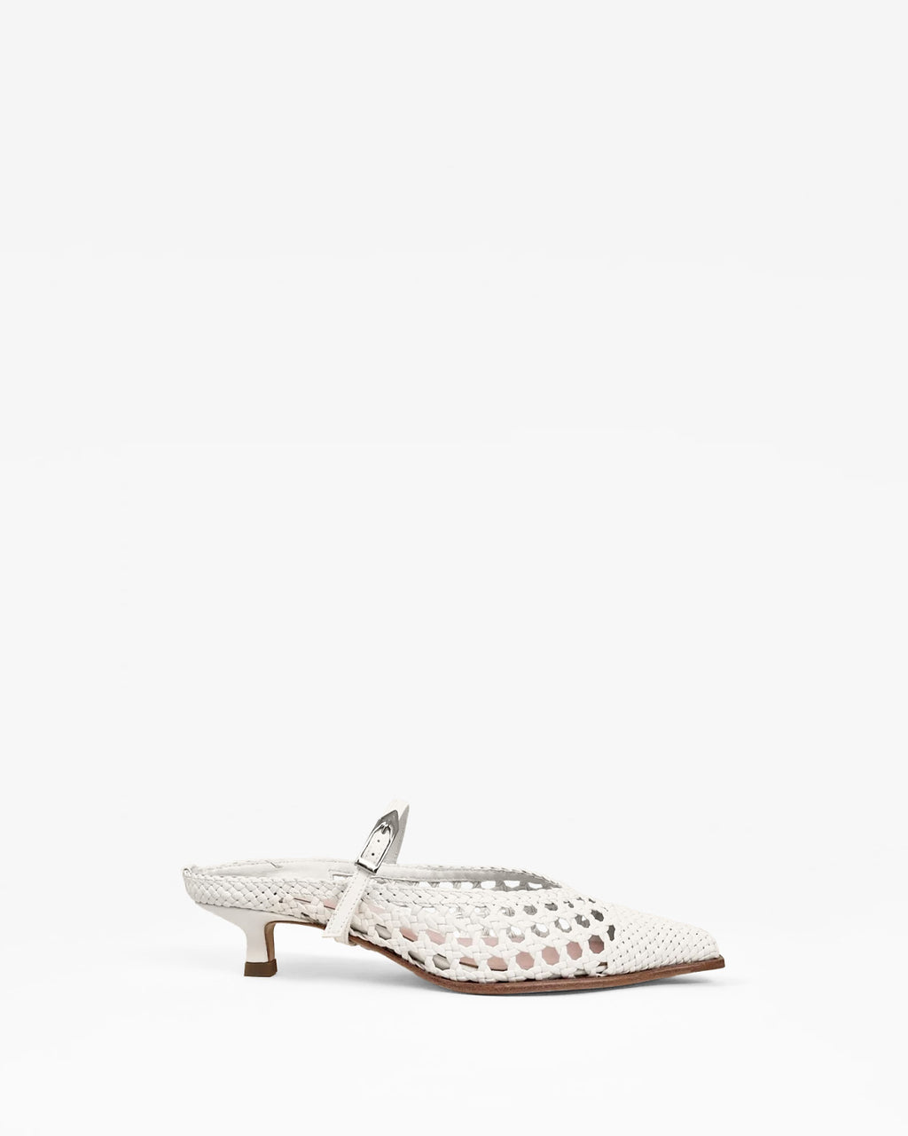 Pointed toe mule pump with small spool heel in white woven faux leather Suzanne Woven White