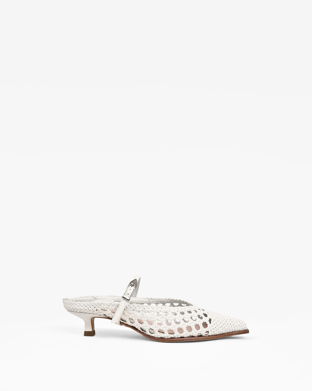 Pointed toe mule pump with small spool heel in white woven faux leather Suzanne Woven White