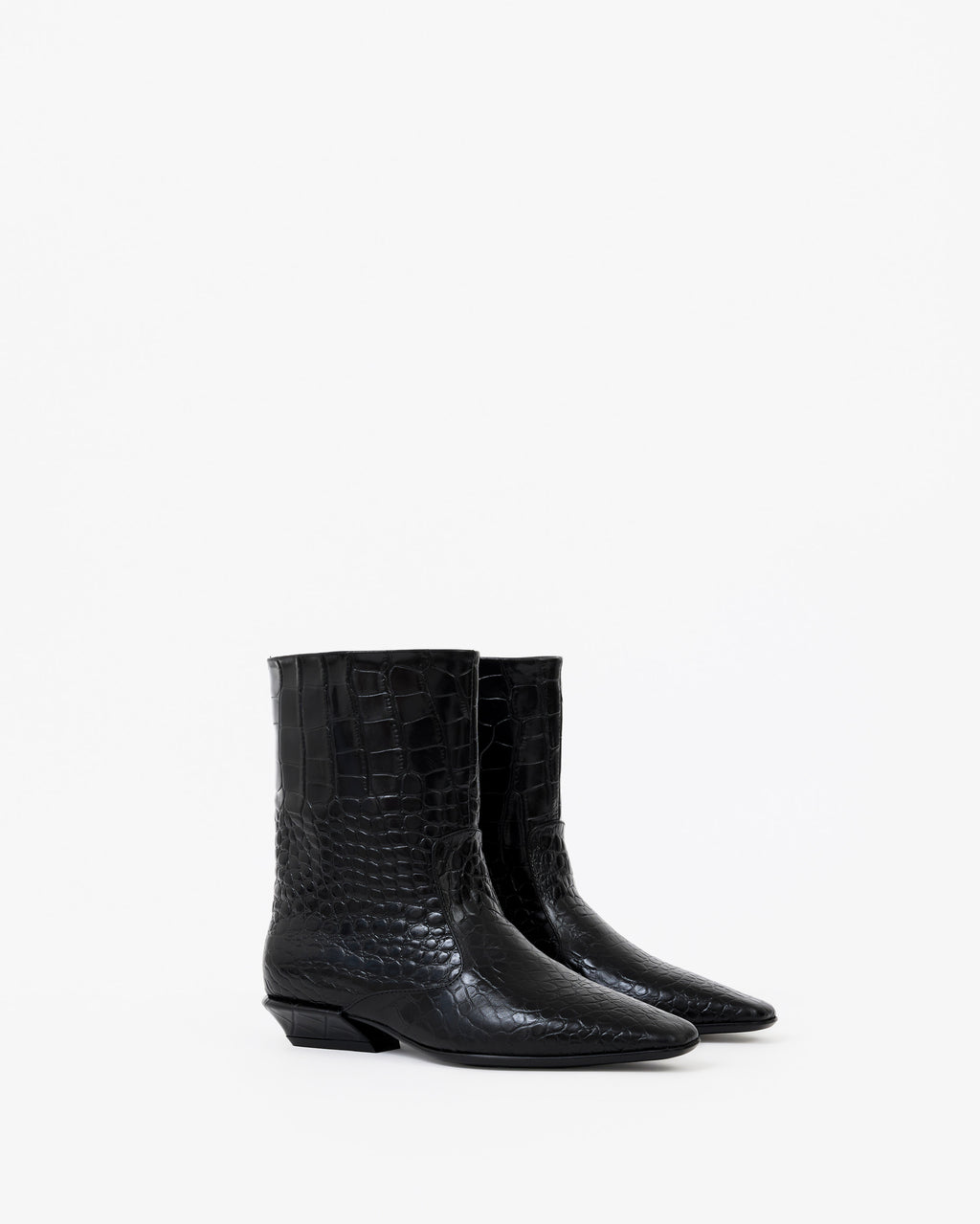 Bottines à petit talon en cuir noir façon croco Tamy Black Croc