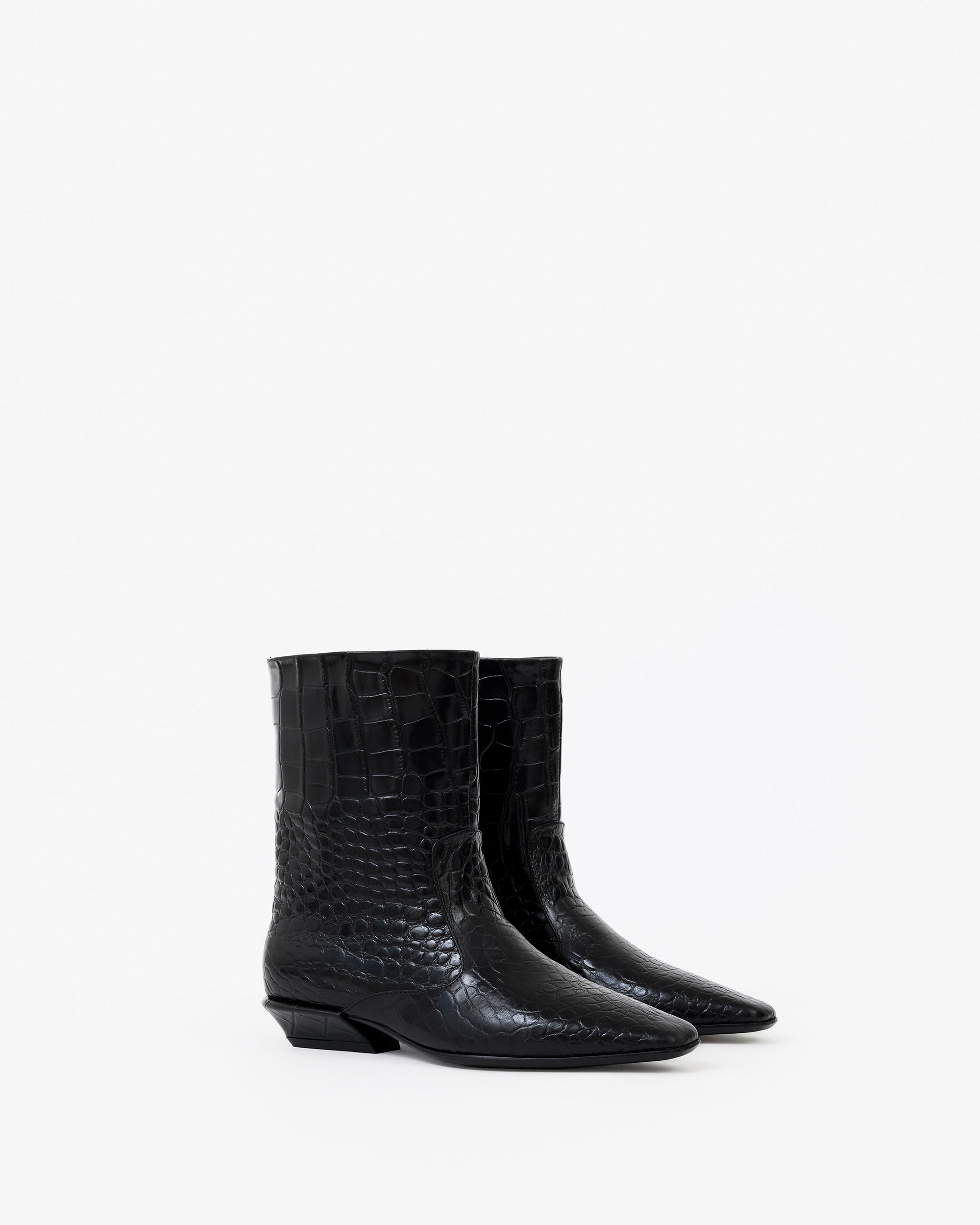 Bottines à petit talon en cuir noir façon croco Tamy Black Croc