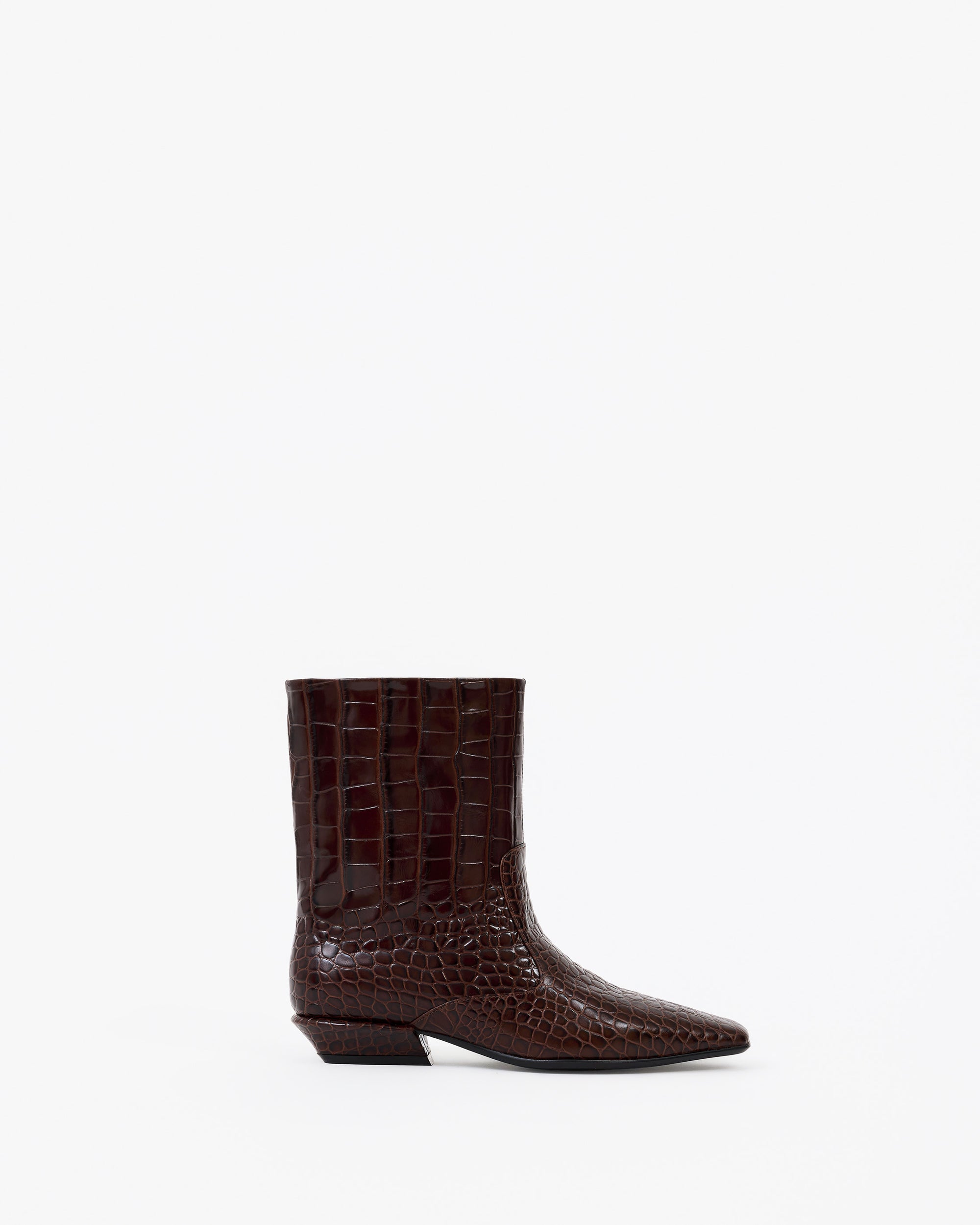 Bottines à petit talon en cuir chocolat façon croco Tamy Chocolate Croc