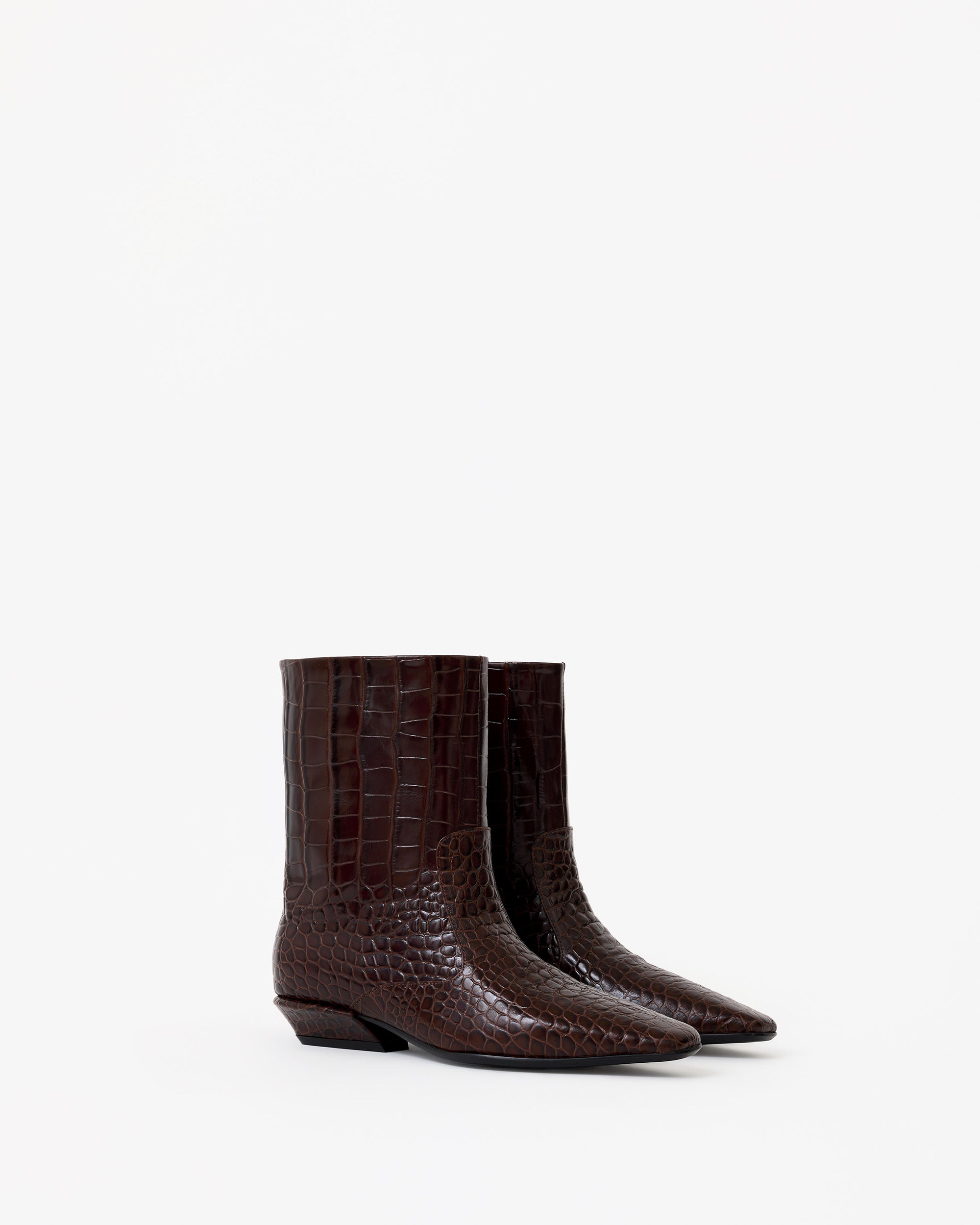 Bottines à petit talon en cuir chocolat façon croco Tamy Chocolate Croc