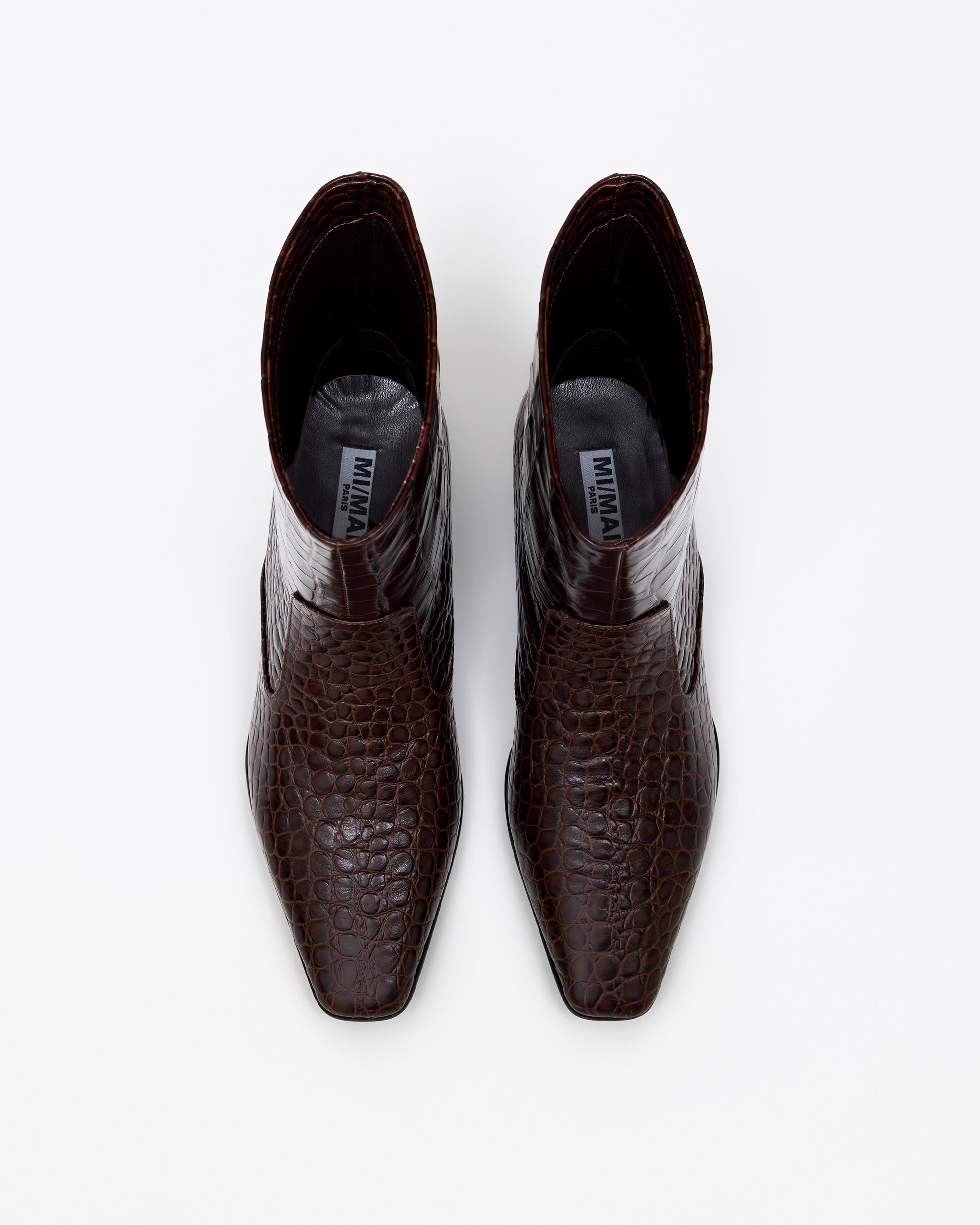Bottines à petit talon en cuir chocolat façon croco Tamy Chocolate Croc