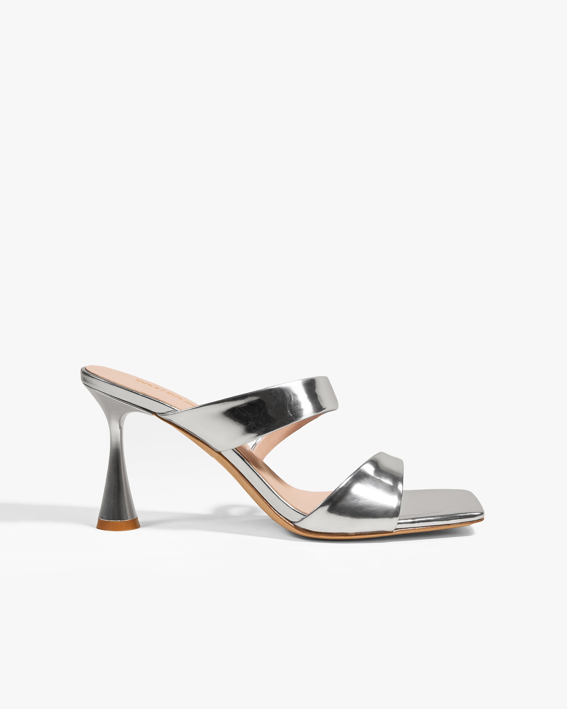 Tara Silver high-heeled, square-toe silver leather mule sandal