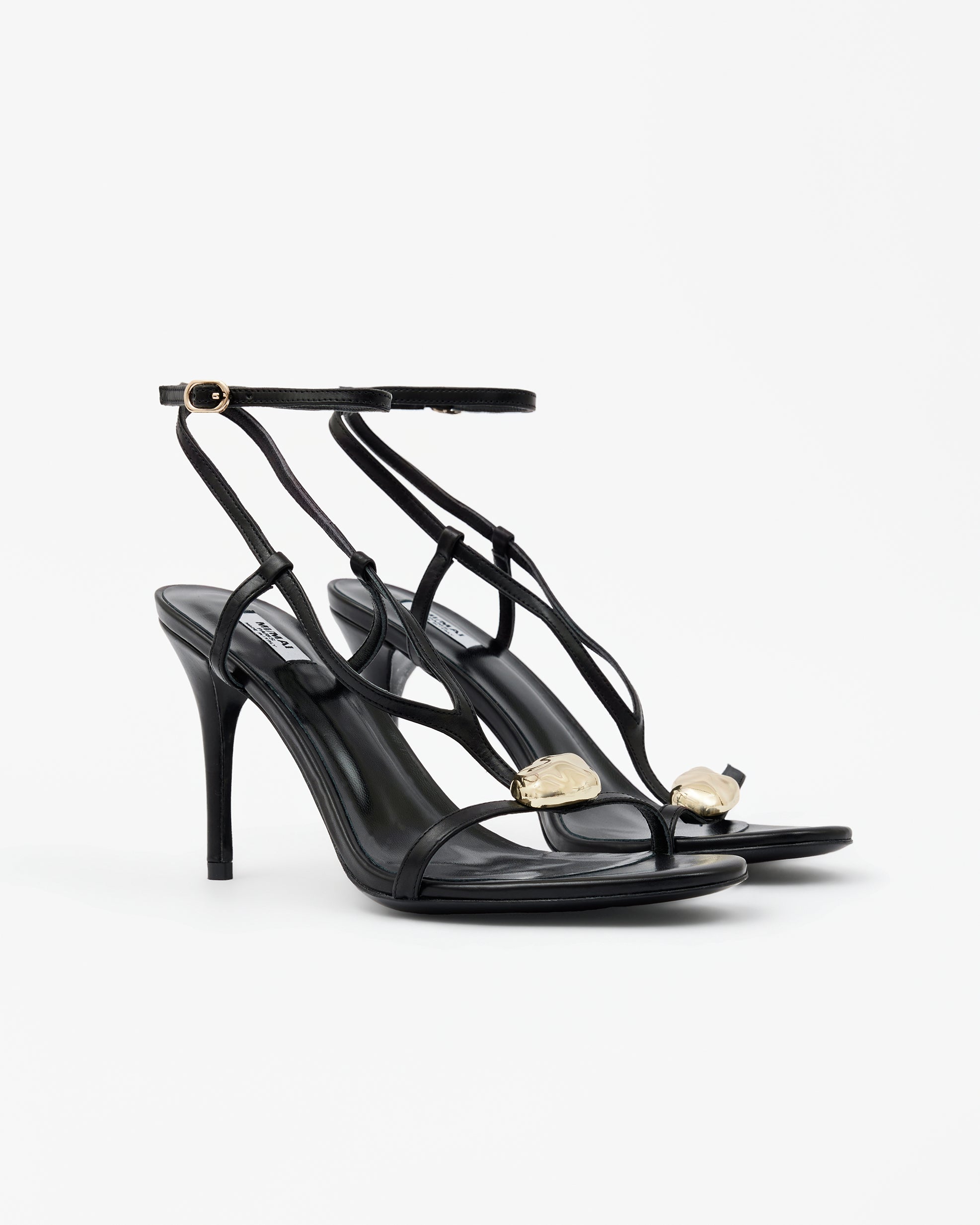 Isamu Chocolate Patent multi-strap mule with high heel and square toe in brown patent leather