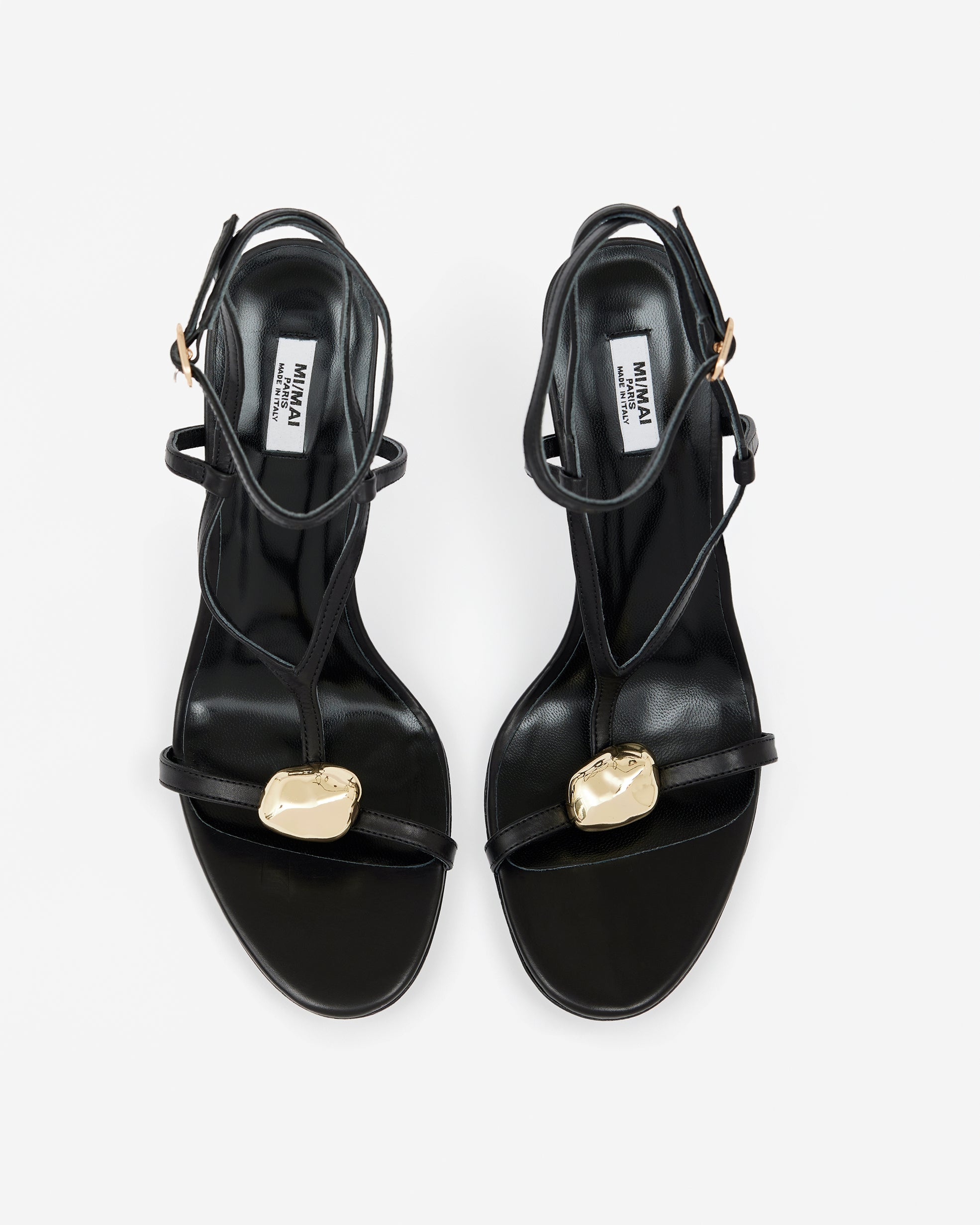 Isamu Chocolate Patent multi-strap mule with high heel and square toe in brown patent leather