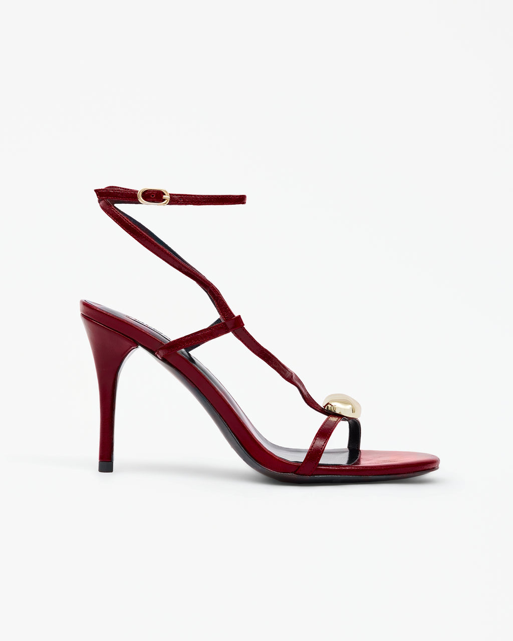 Sandale à talon haut en cuir rouge, bride cheville et bijou métal doré Terrence Red