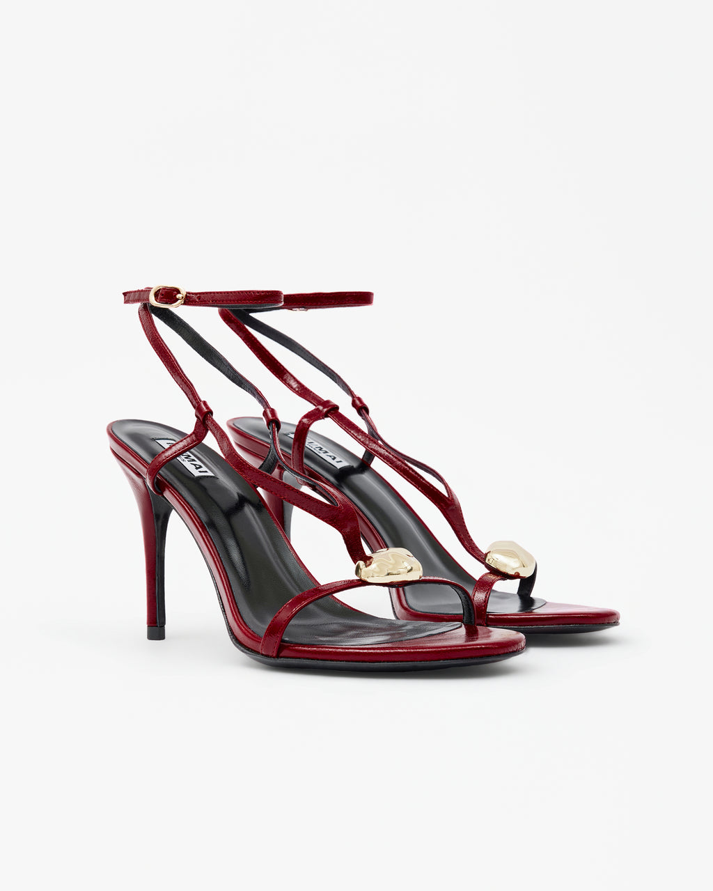 Sandale à talon haut en cuir rouge, bride cheville et bijou métal doré Terrence Red