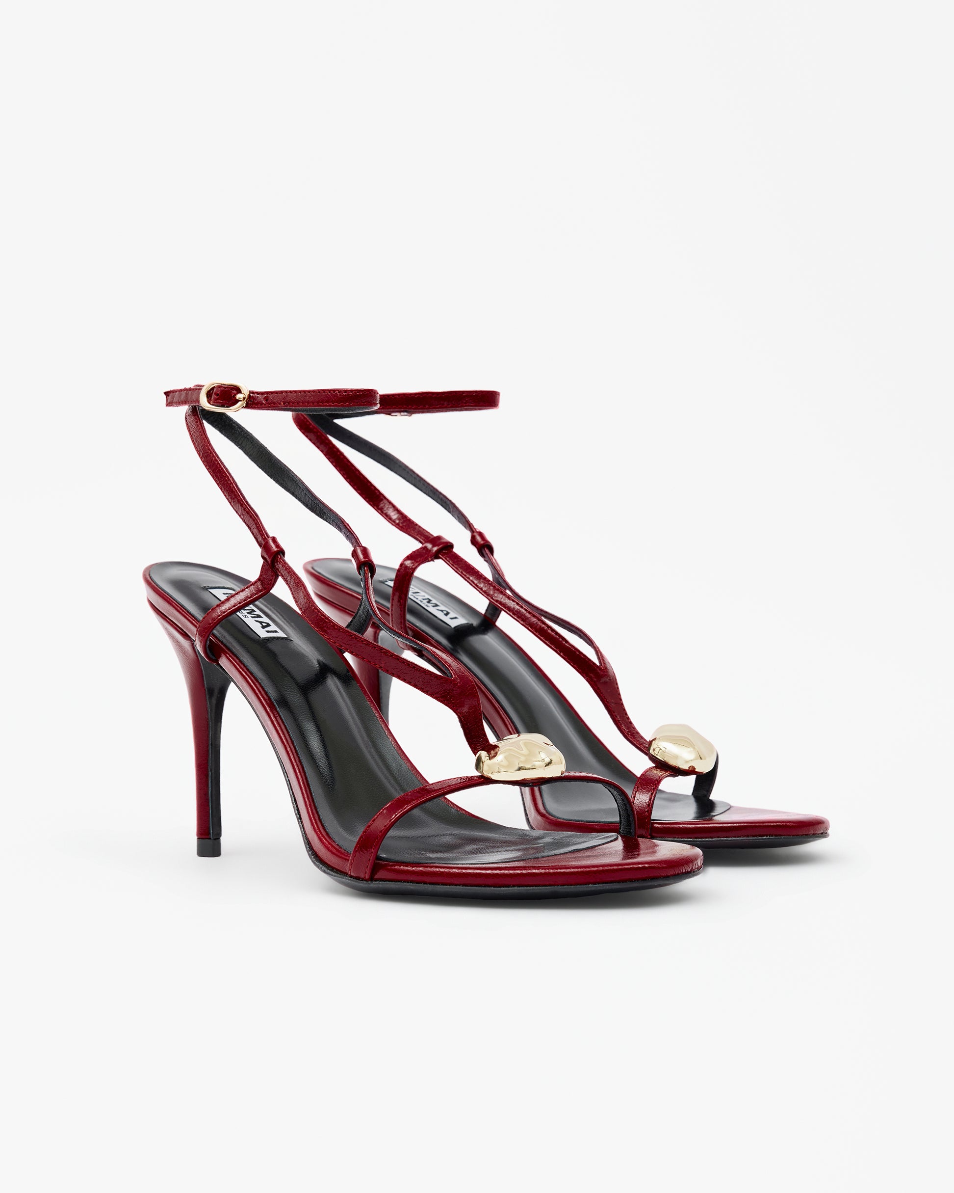 Isamu Chocolate Patent multi-strap mule with high heel and square toe in brown patent leather