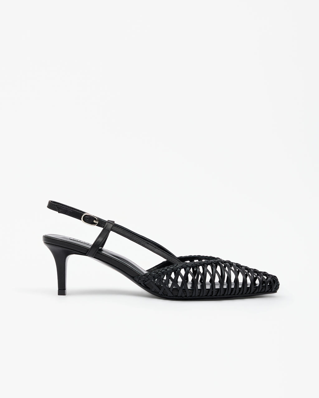 Renzo Black pointed-toe pump with ankle strap and small spool heel