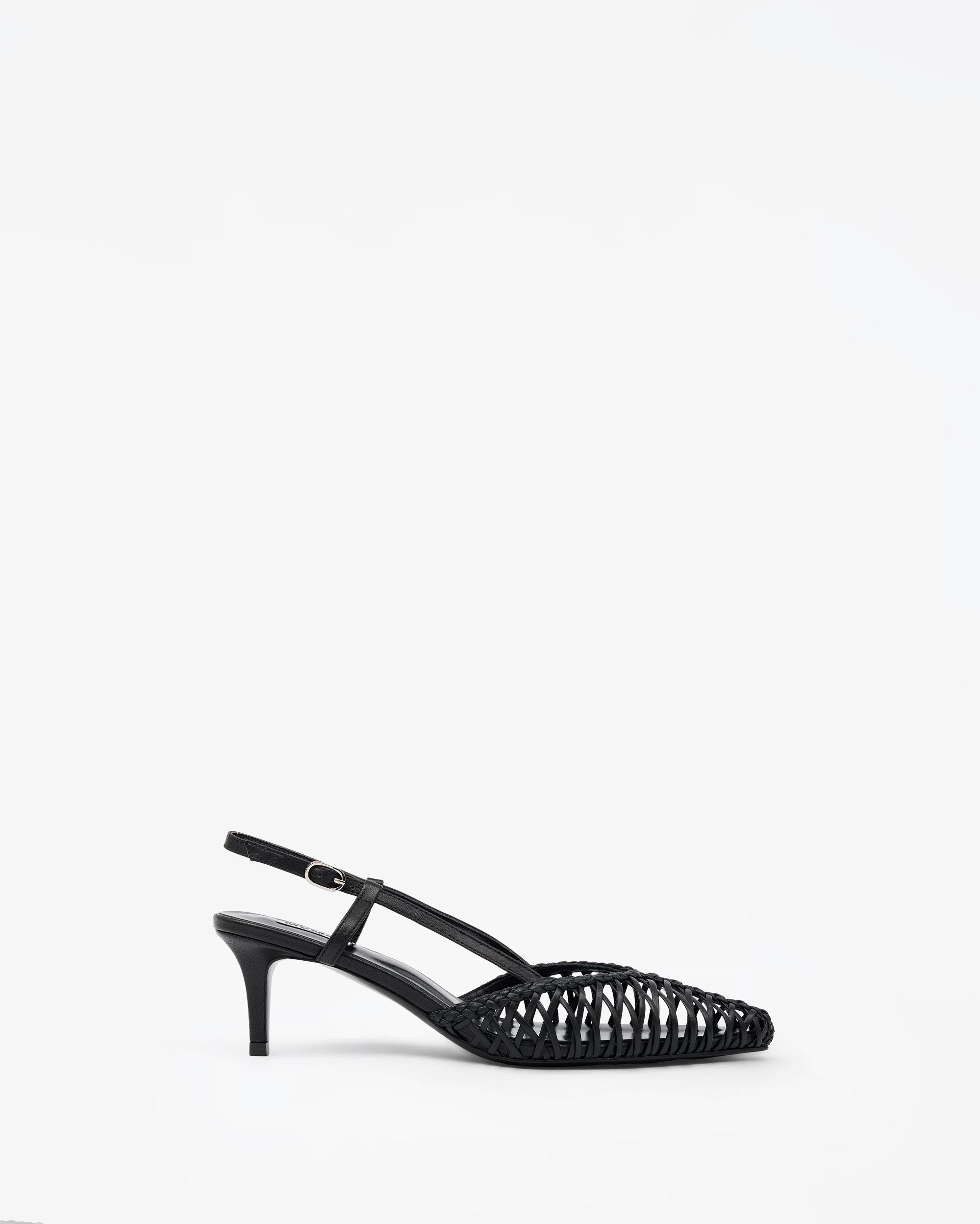 Escarpin sling-back à petit talon et cuir tressé noir Tessa Black