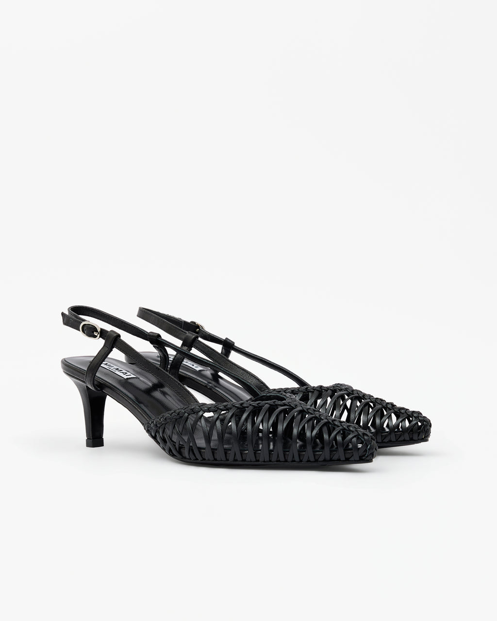 Renzo Black pointed-toe pump with ankle strap and small spool heel