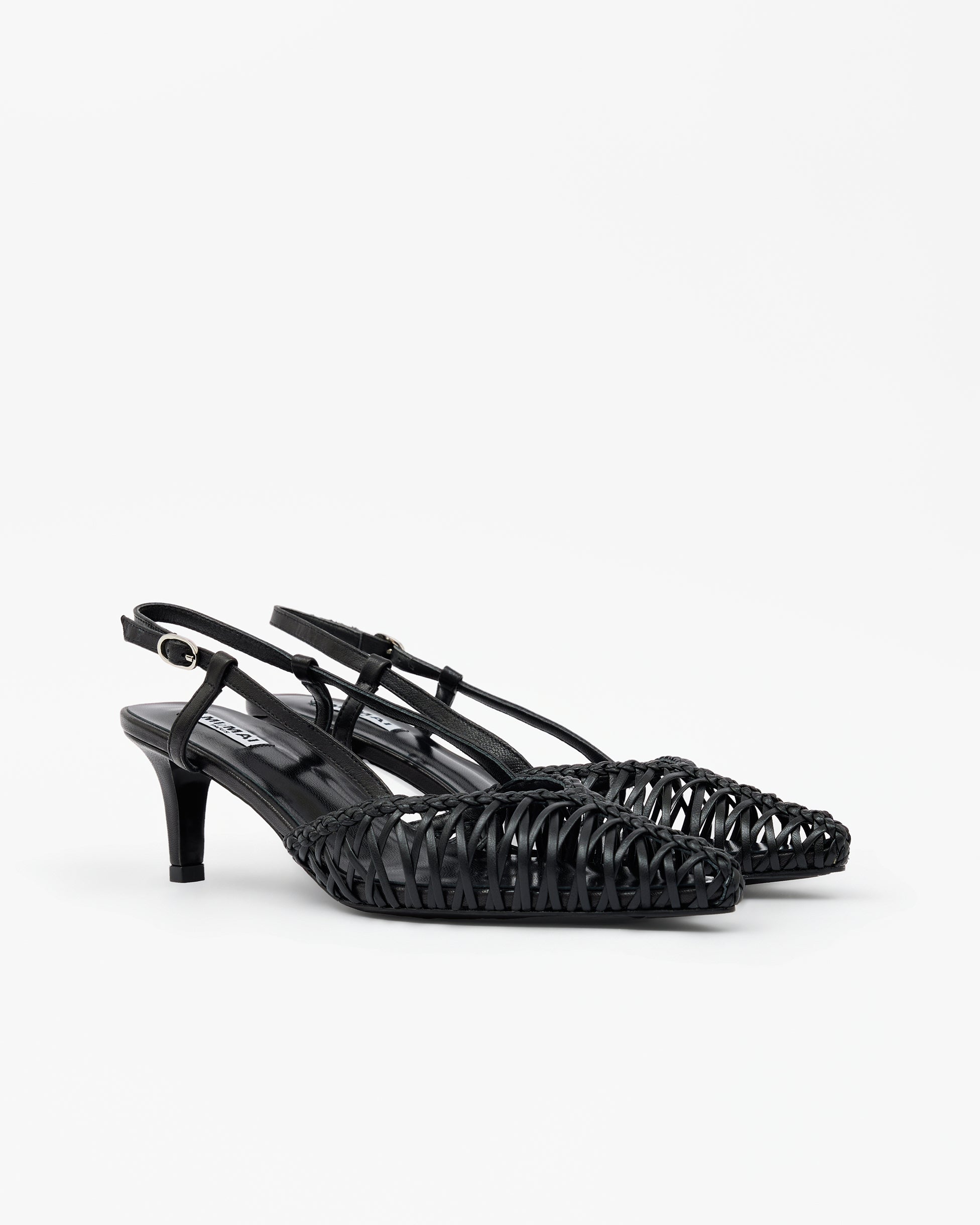 Renzo Black pointed-toe pump with ankle strap and small spool heel