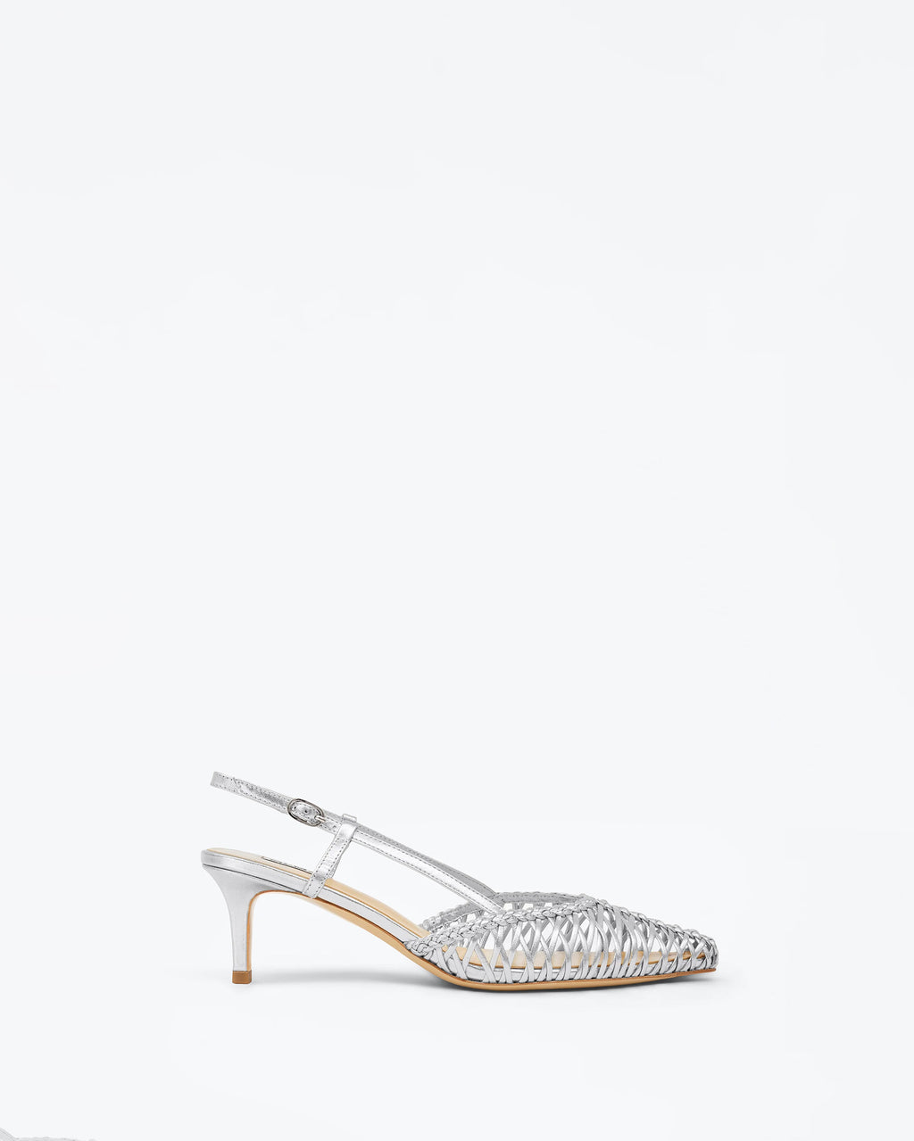 Escarpin sling-back à petit talon et cuir tressé argenté Tessa Silver