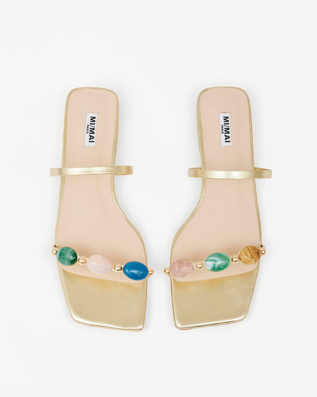 Nu-pied en cuir doré à fines brides et pierres multicolores Thetis Gold