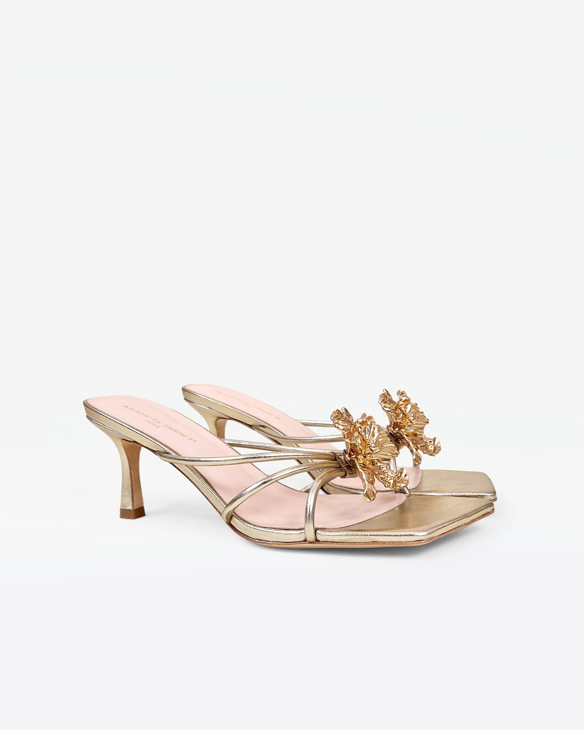 Thira Gold strappy mules in gold leather with interchangeable accessories