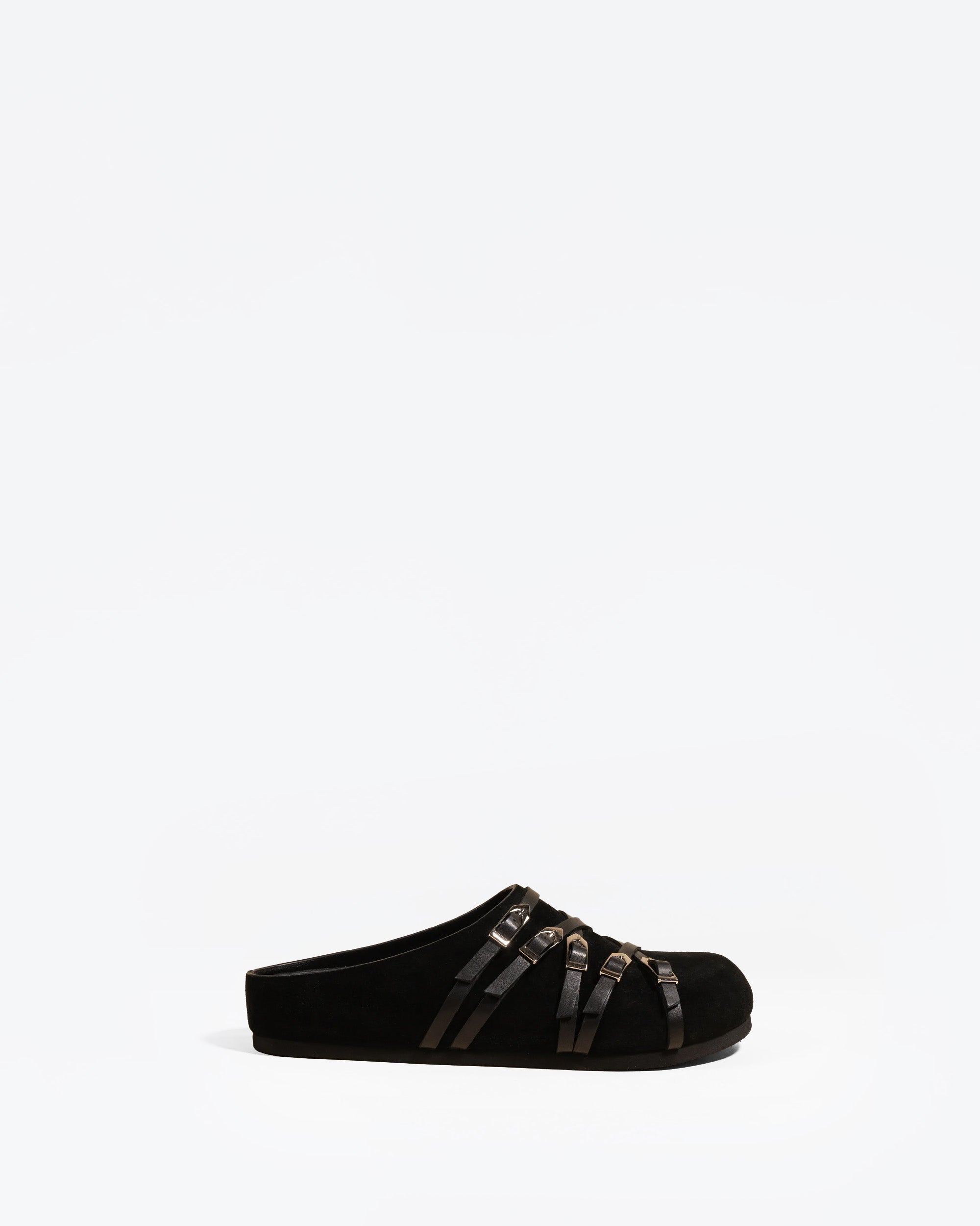 Mules sabots à brides et boucles en daim noir Toledo Black Suede