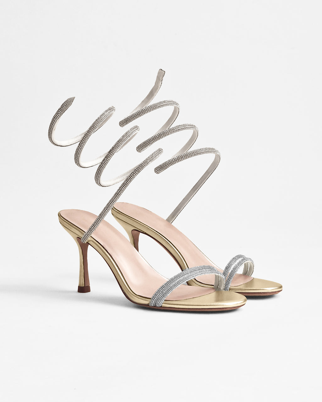Sandales à bride au mollet en cuir argenté et strass Evora Gold