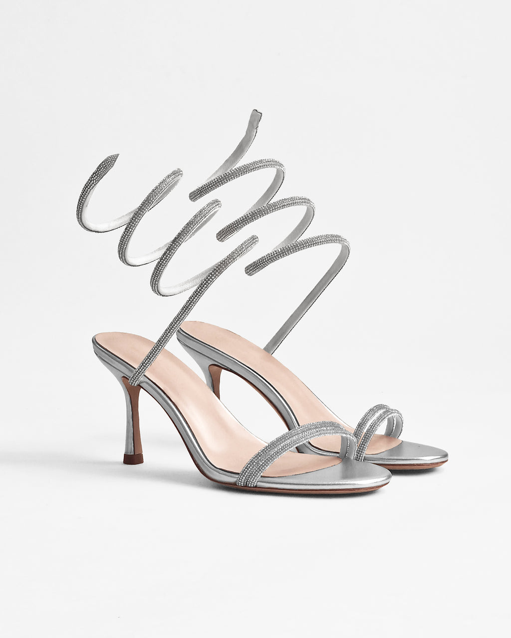 Sandales à bride au mollet en cuir argenté et strass Evora Silver