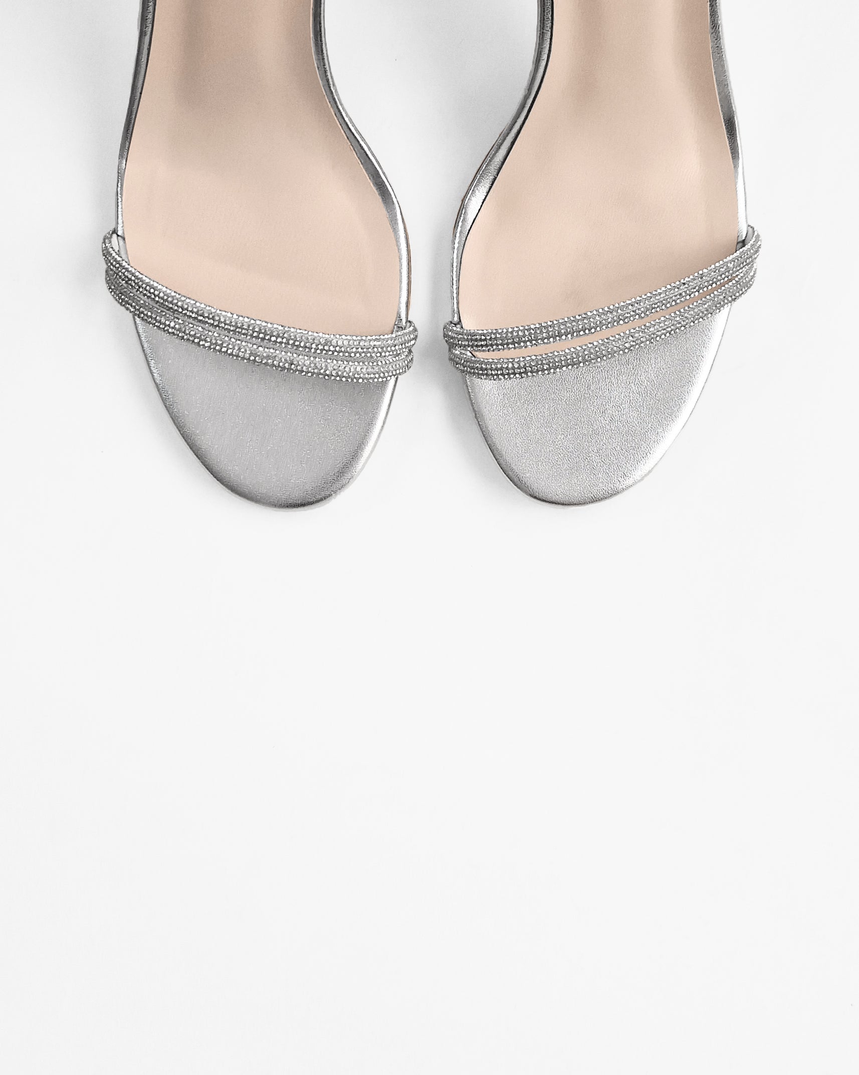 Sandales à bride au mollet en cuir argenté et strass Evora Silver