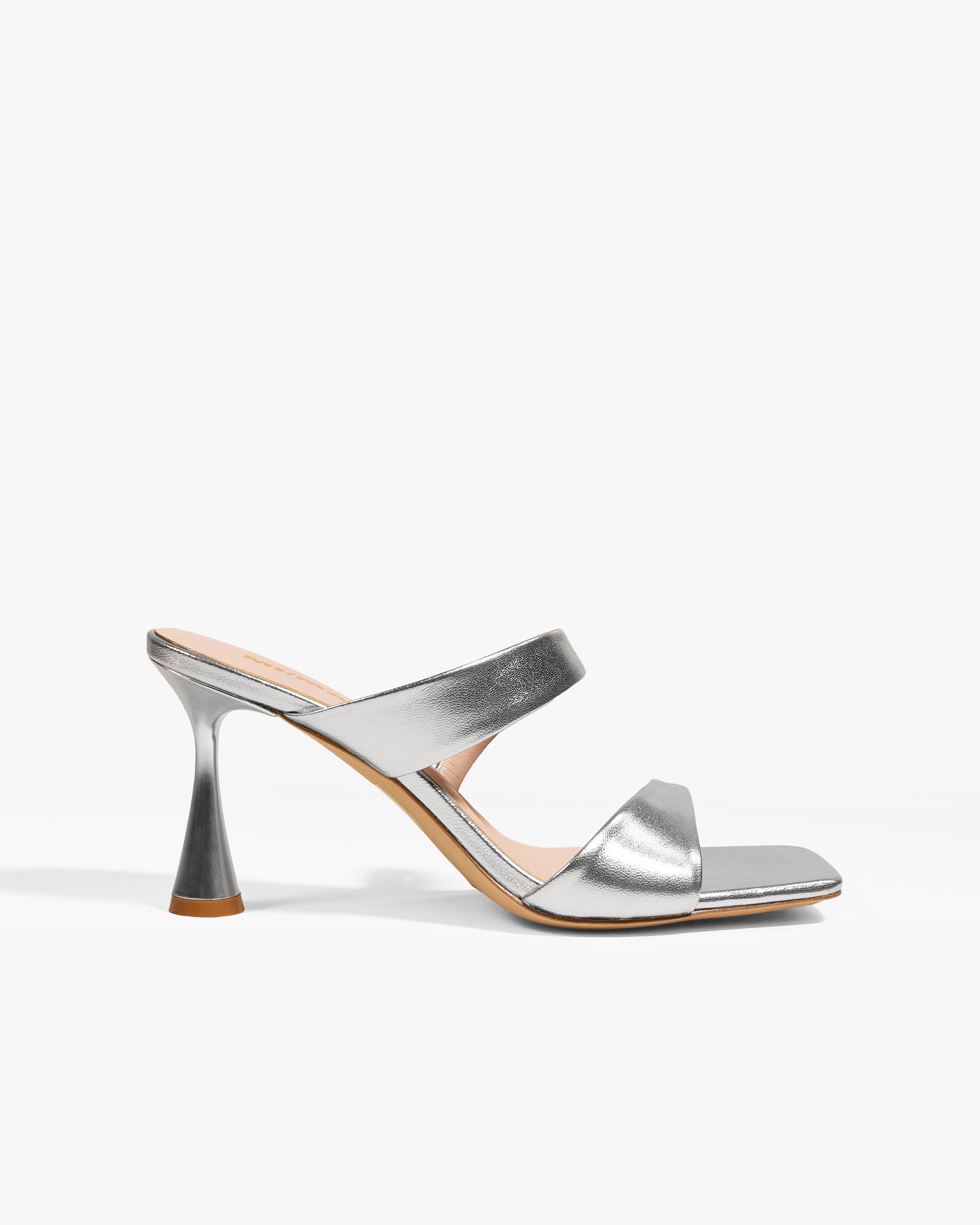 Sandale mule à talon haut et bout carré en cuir doré Tara Silver Nappa