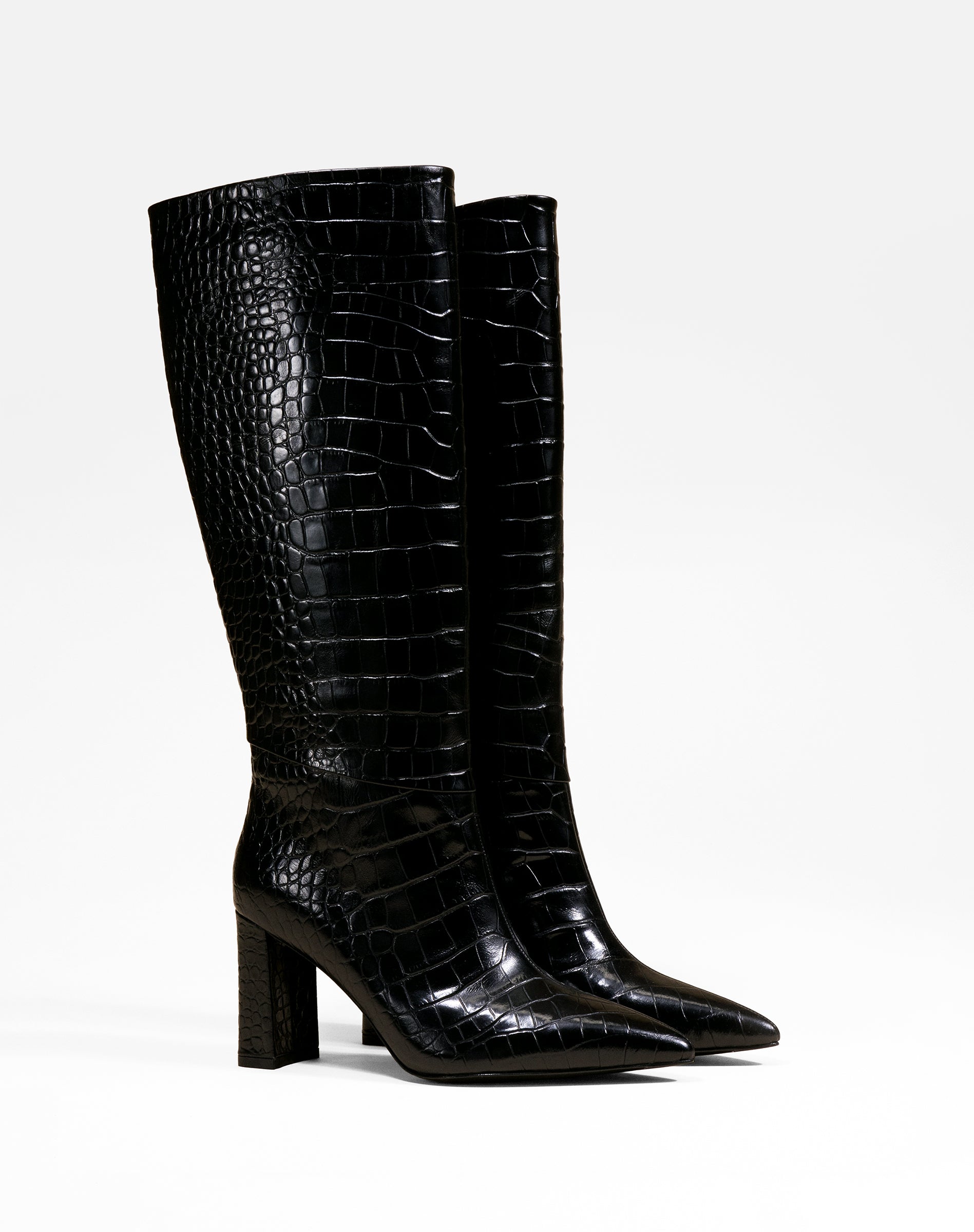 BOTTES NOIRES FACON CROCODILE A HAUT TALON BLOC WASSILY BLACK CROC
