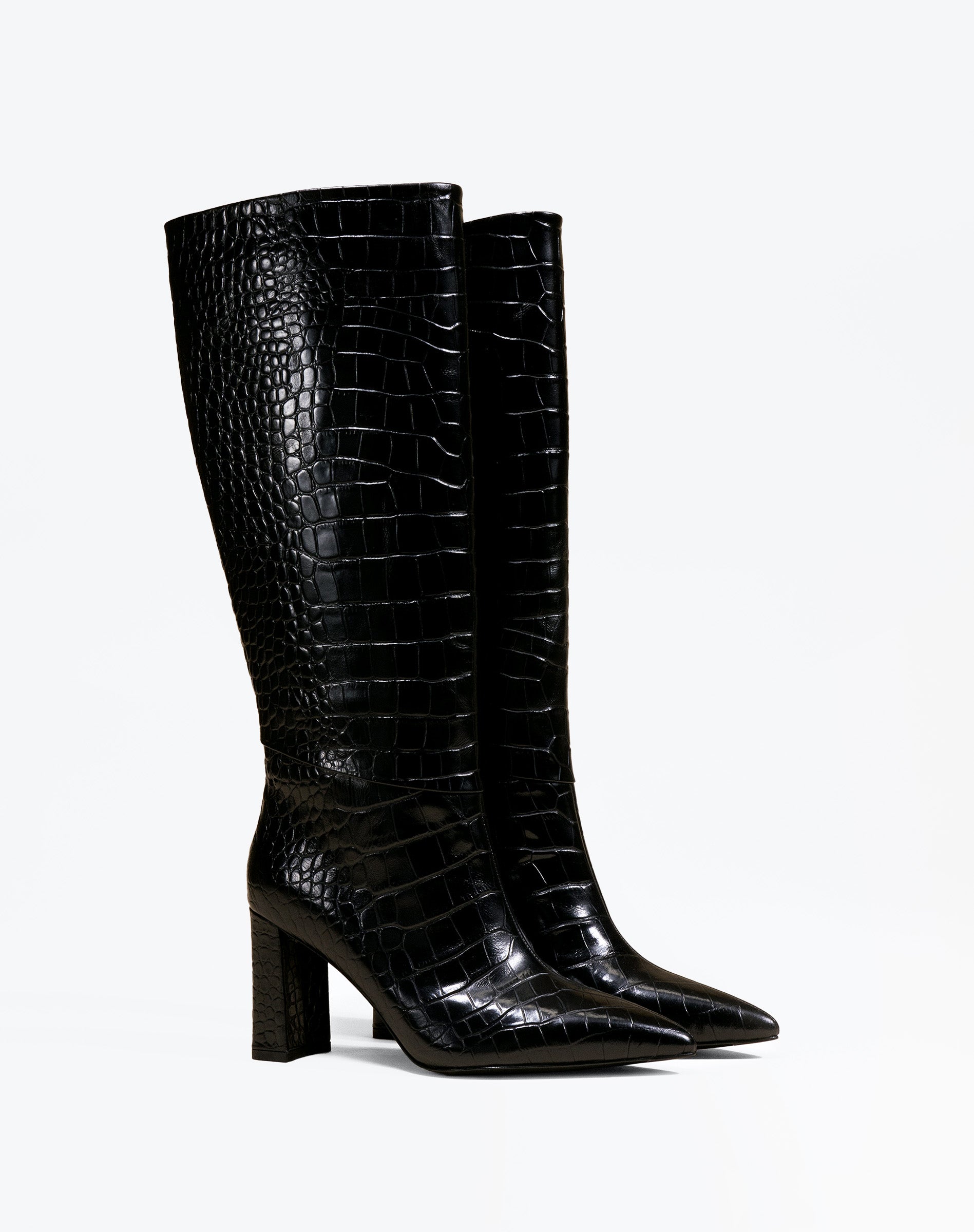 BOTTES NOIRES FACON CROCODILE A HAUT TALON BLOC WASSILY BLACK CROC