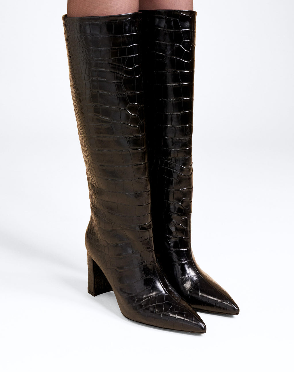 WASSILY BLACK CROCODILE-EVIDED HIGH-HEEL BOOTS
