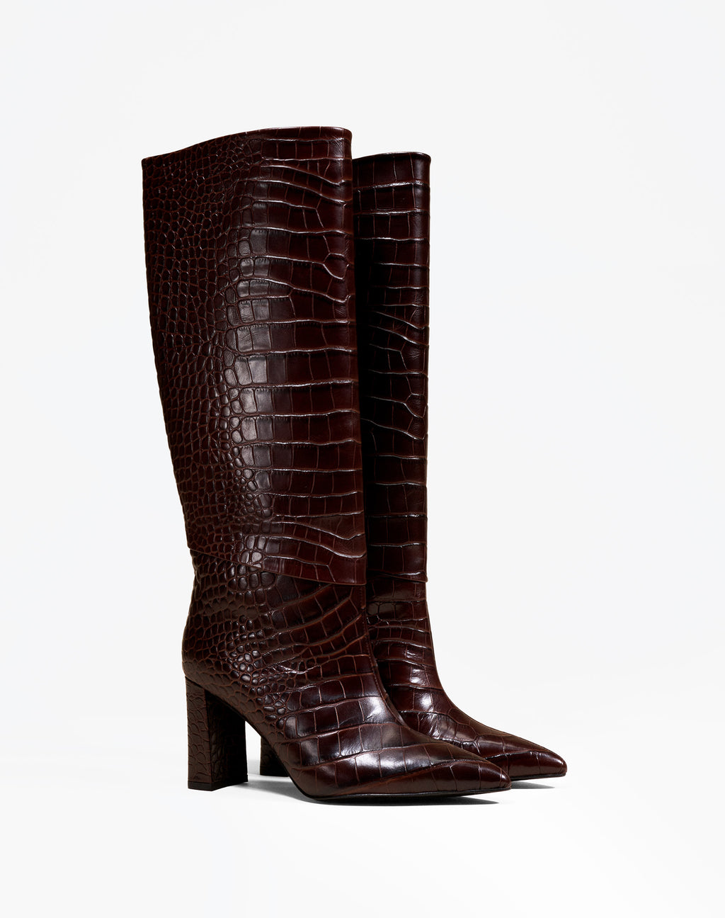 CHOCOLATE CROCODILE FASHION BOOTS WITH HIGH BLOCK HEEL WASSILY CHOCOLATE CROC